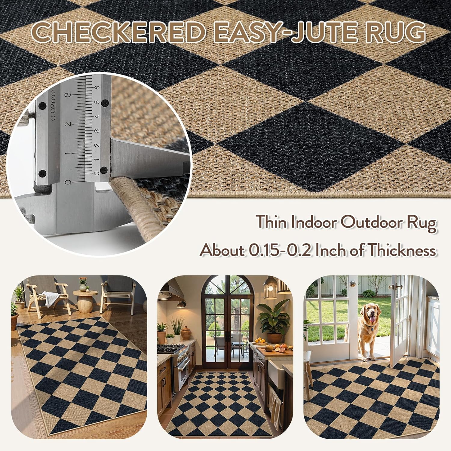 Detalle 2 de Lahome Colette Checkered Easy Jute 3x5 Outdoor Patio Rug (Washable, Non-Slip TPE Backing)