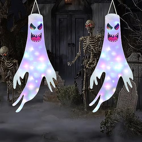 Detalle de Qedertek Halloween Deko Outdoor – 2 Stück 120 cm Geister Windsäcke mit Lichterkette
