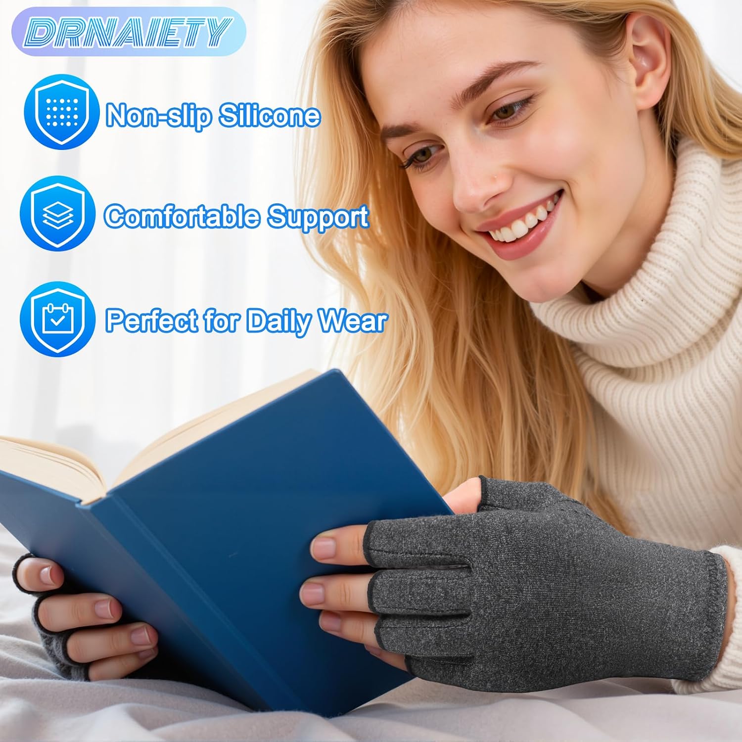 Detalle 1 de DRNAIETY Arthritis Gloves, 2 Pairs (L Gray)
