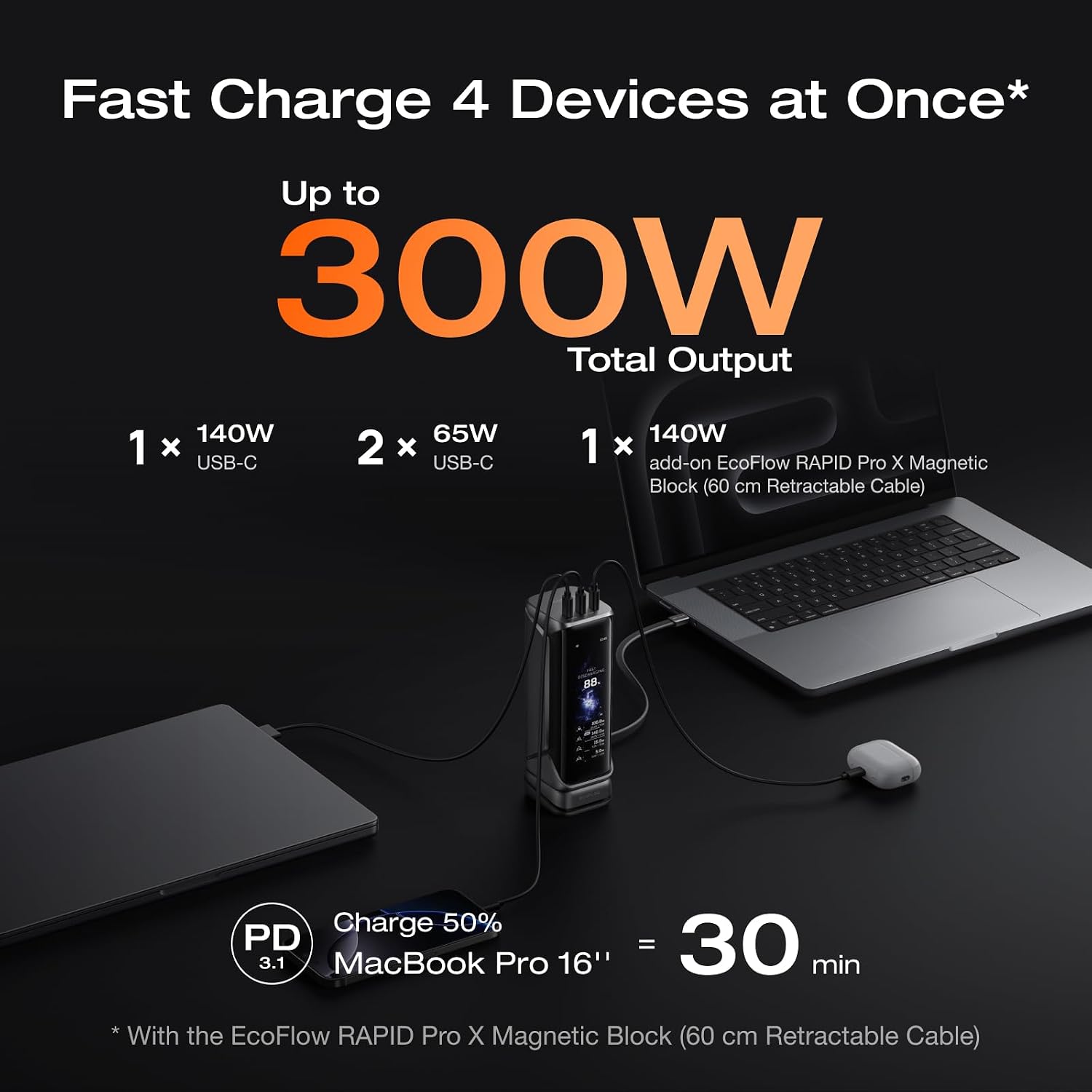 Detalle de EF ECOFLOW Rapid Pro X 300W Laptop Power Bank, 27,650mAh, 140W USB-C