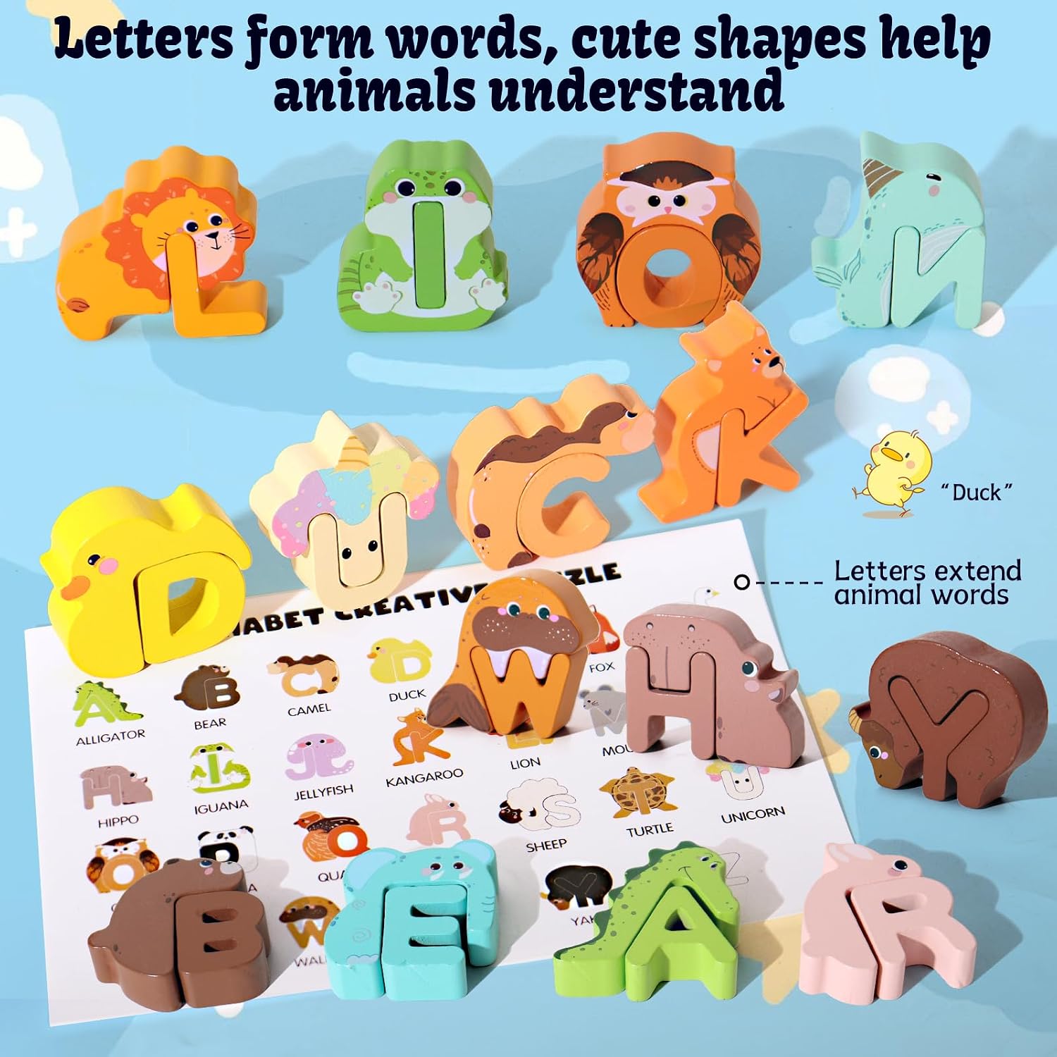 Detalle 2 de Wooden Alphabet Animal Peg Puzzles 52-piece 🧩