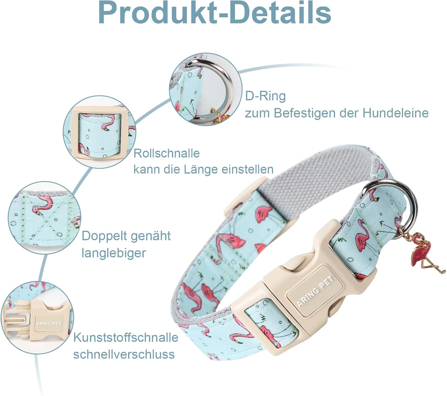 Detalle 2 de ARING PET Flamingo Hundehalsband – Baumwollhalsband mit Schnellverschluss, Größe S