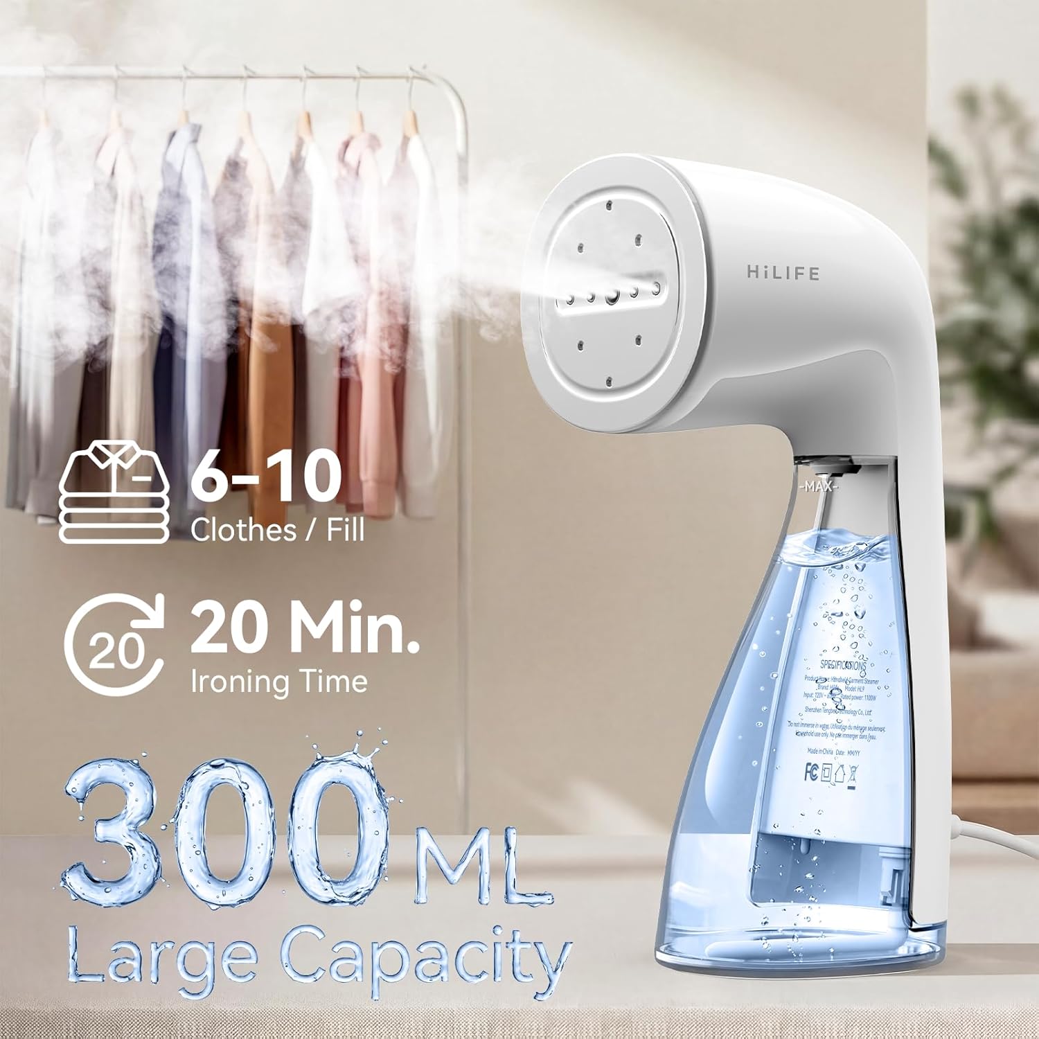 Thumbnail 2 de HiLIFE Upgraded 1100W Handheld Clothes Steamer (300ml, 120V) — Portable Wrinkle Remover for Travel