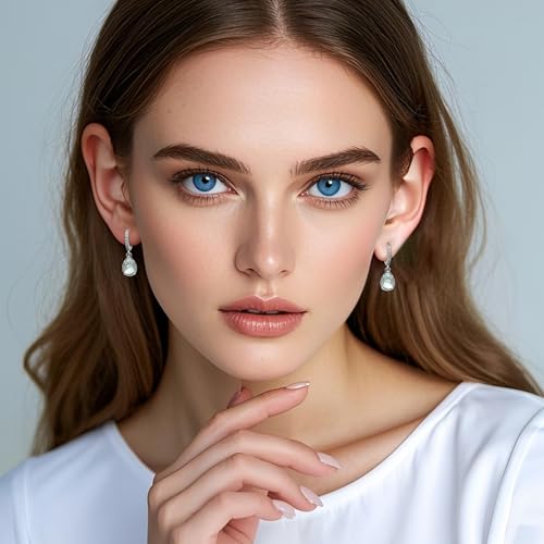 Detalle de Weviway Silver Aquamarine Drop Earrings – Teardrop Crystal Hoop with Lever-Back Closure