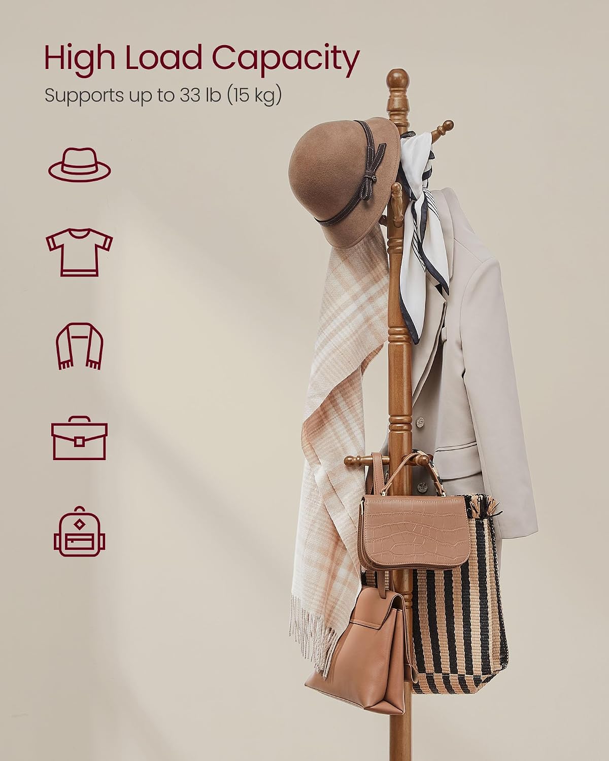 Thumbnail 2 de VASAGLE solid wood coat rack, rubberwood