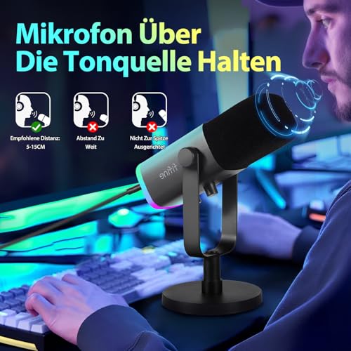 Detalle de FIFINE XLR Gaming Mikrofon – USB/XLR, Stummschalttaste, RGB-Lichtring für Streaming, Podcast & Studio