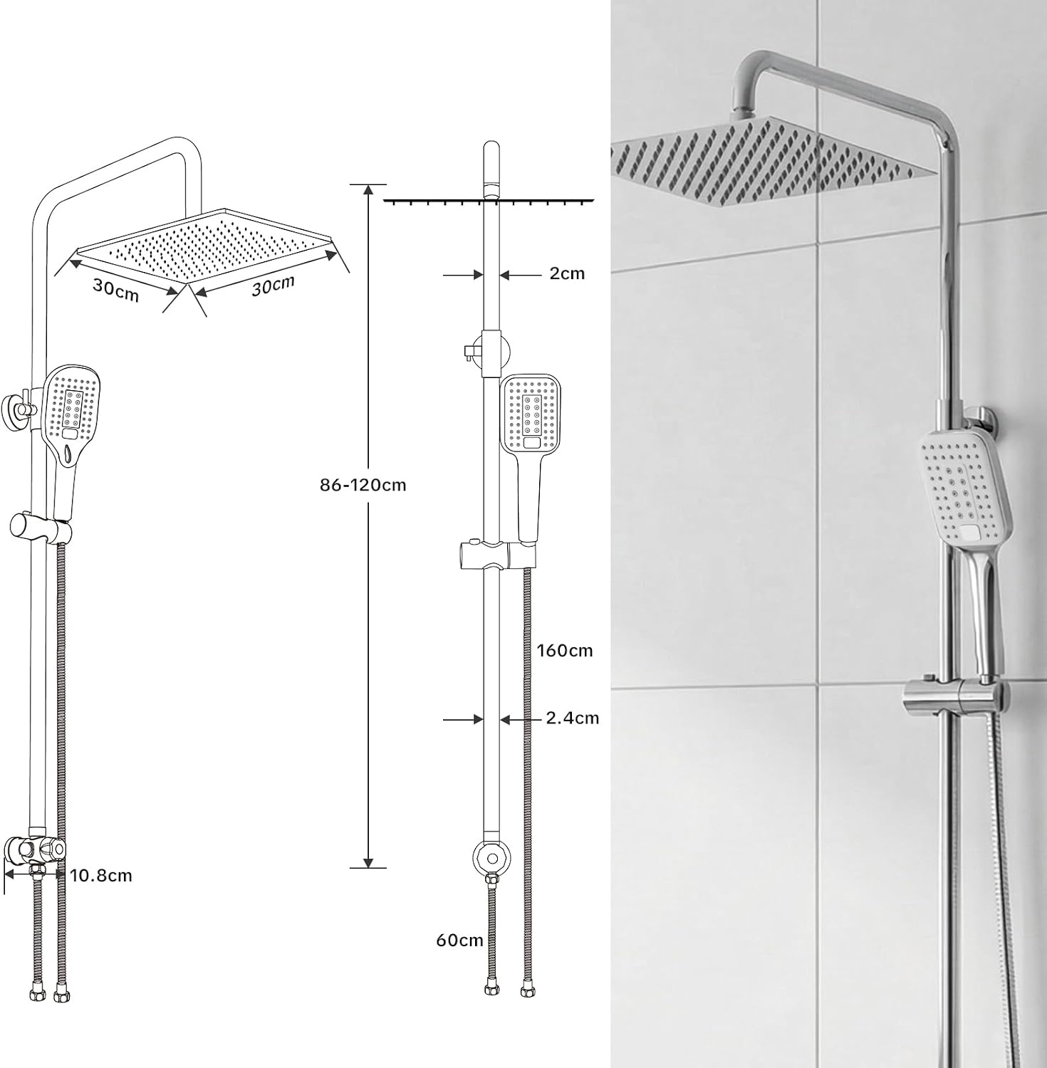 Thumbnail 5 de OFFO Regendusche ohne Armatur Chrom, 30x30 cm, Edelstahl-Duschset – Höhenverstellbar, 1,6 m Twist-Free Duschschlauch