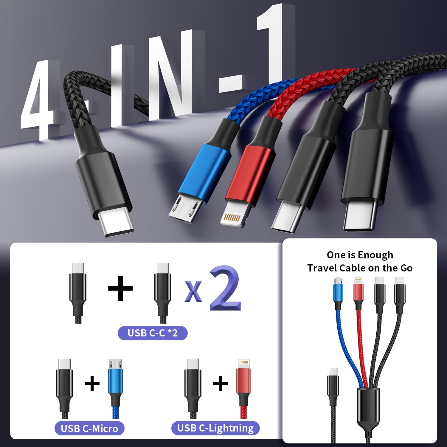 Detalle de MPATIBY USB C to 4 in 1 Charging Cable with Dual Type-C Ports (2-Pack, 5ft)