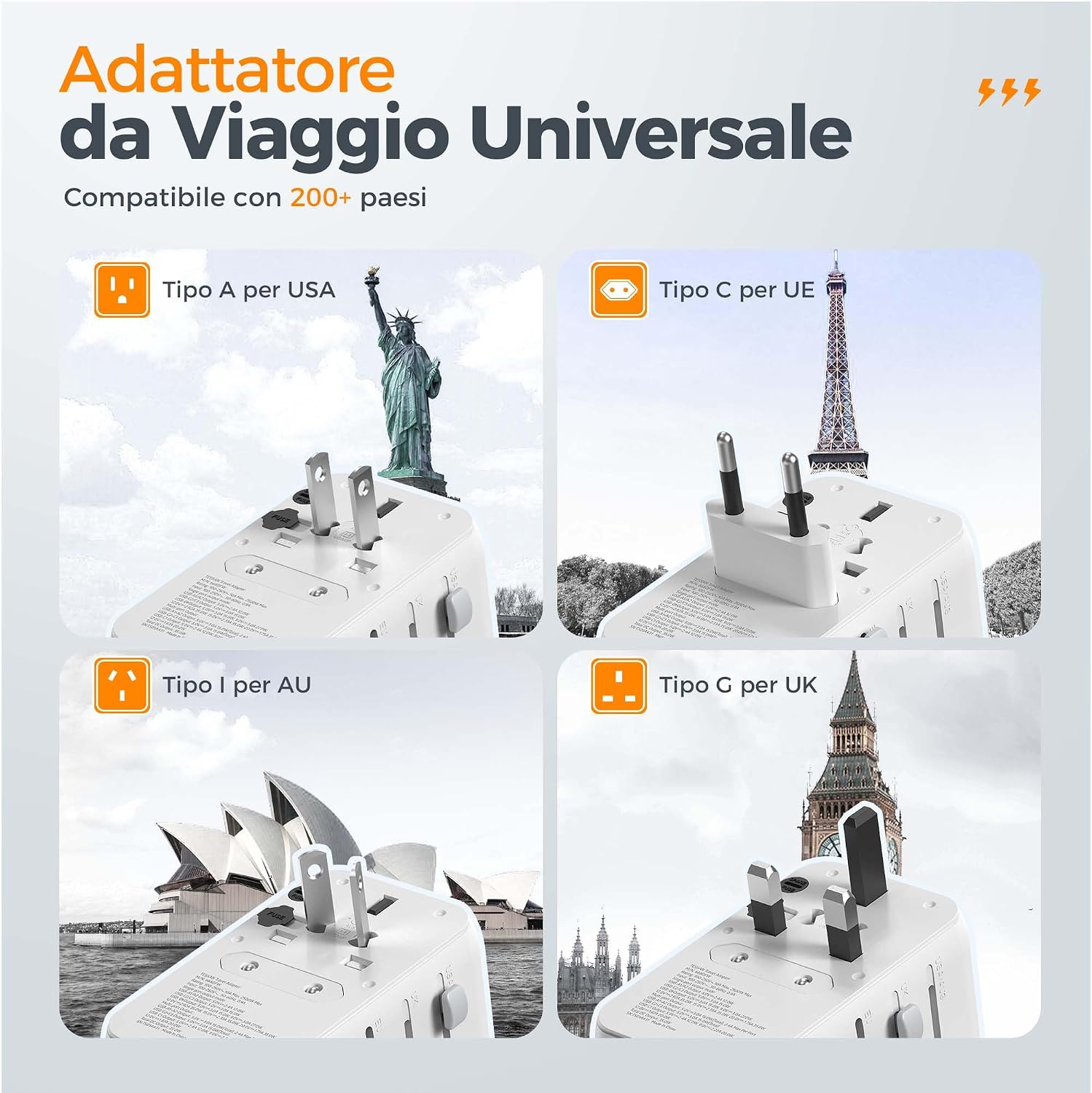 Detalle de Adattatore universale da viaggio TESSAN con cavo USB-C retrattile 35 W: 4 USB + 1 presa CA