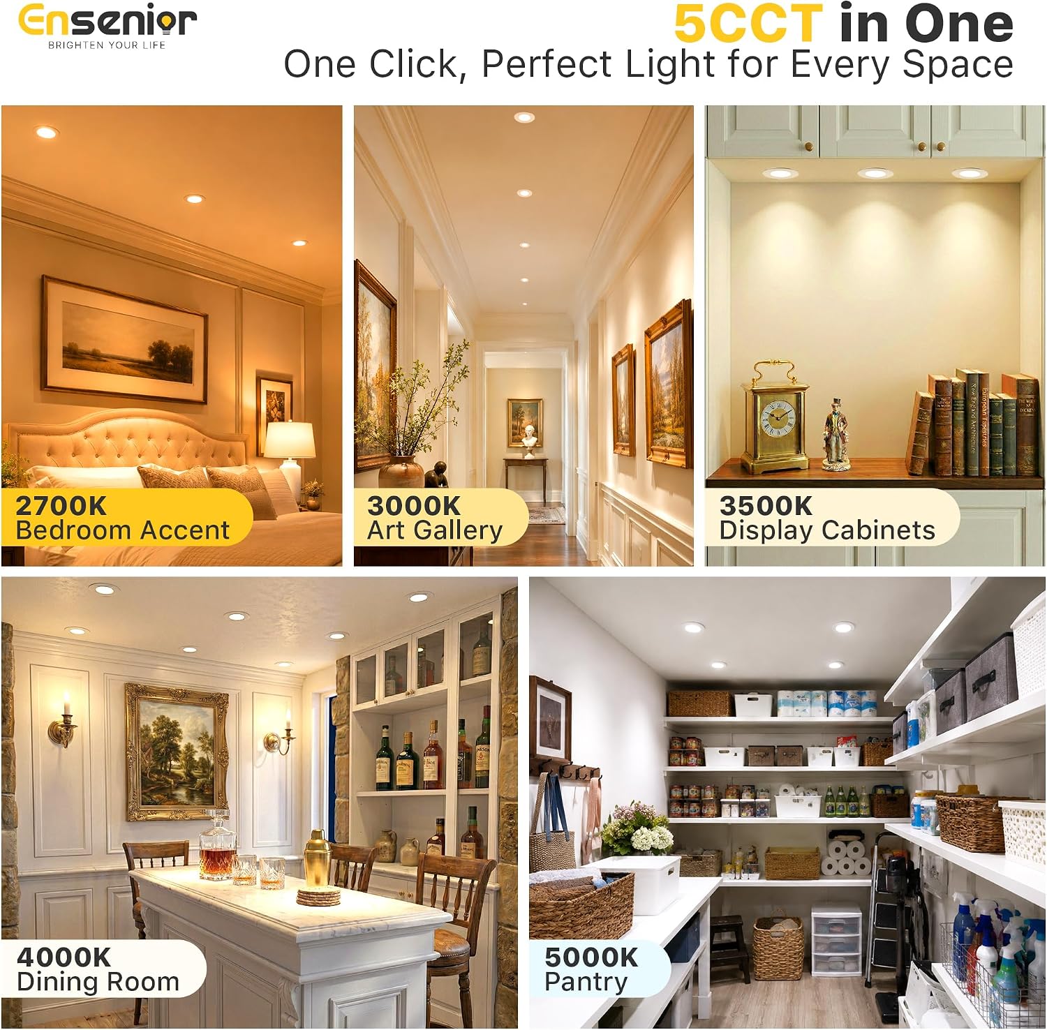 Detalle 2 de Ensenior 3-Inch Canless LED Recessed Lights, 4-Pack, 5CCT Dimmable, 500 Lumens