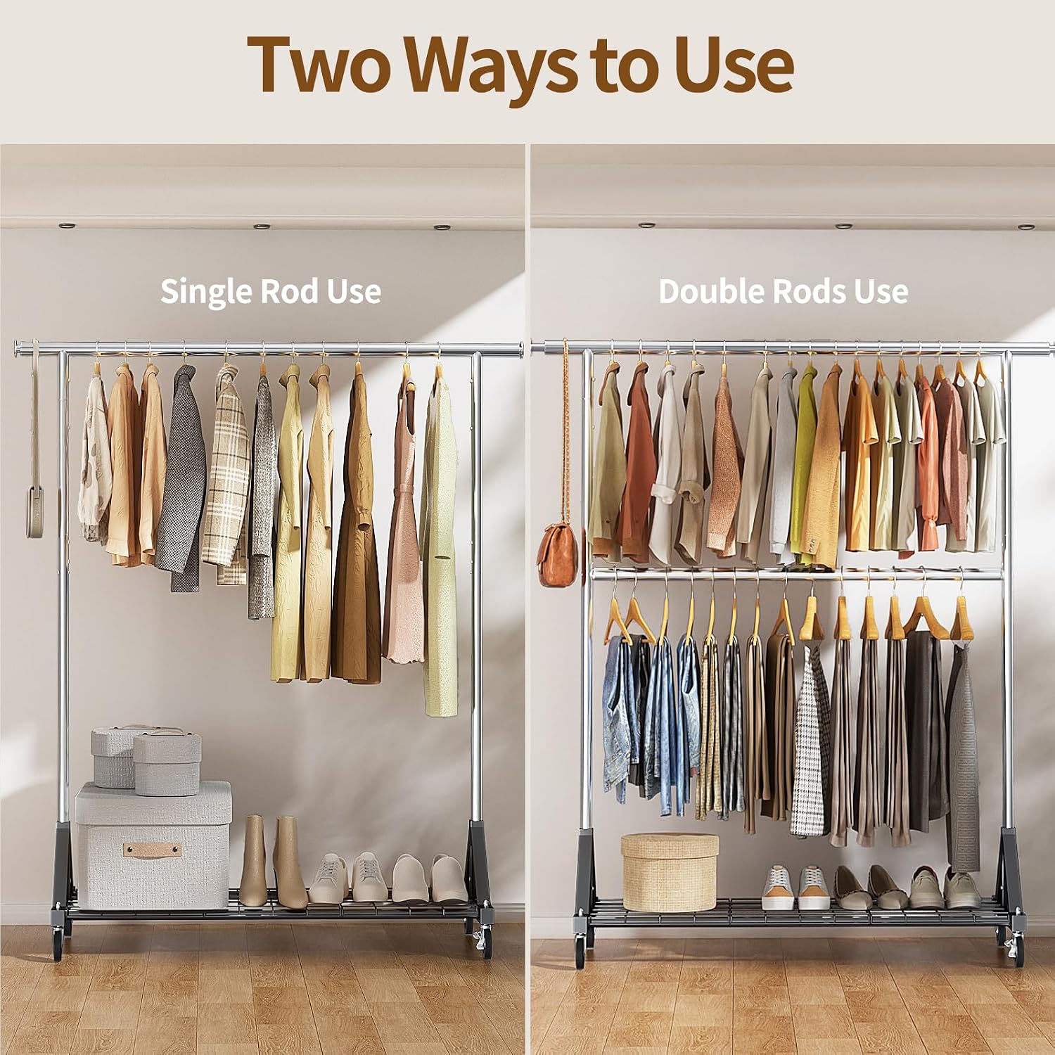 Detalle 2 de Luxspire Heavy-Duty Clothes Rack with Double Rods and Lockable Wheels