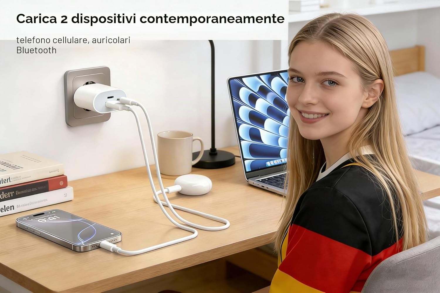 Detalle de Samneer caricabatterie rapido da 25W con cavo da 1,8 m, doppia porta USB-C e USB-A