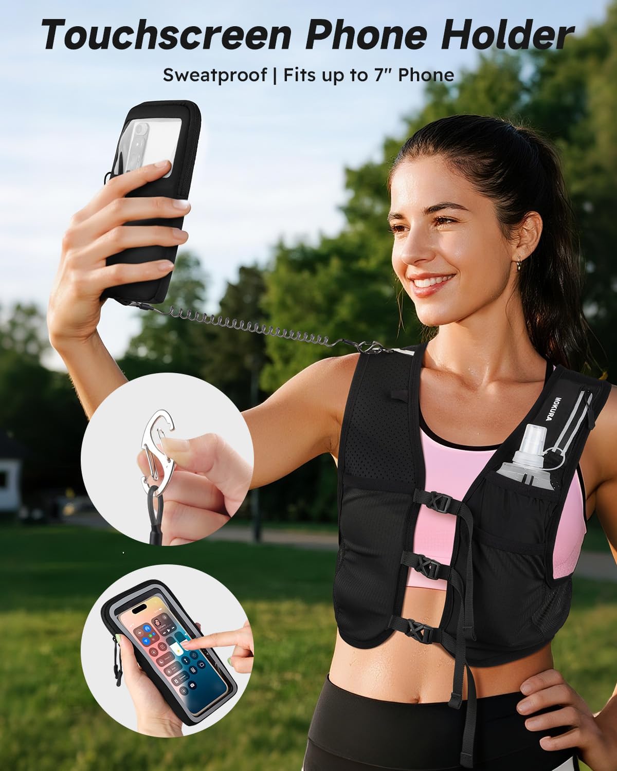 Detalle de MOKURA Running Vest-BL-M-001 Hydration Vest with 500 mL Flask and Phone Holder