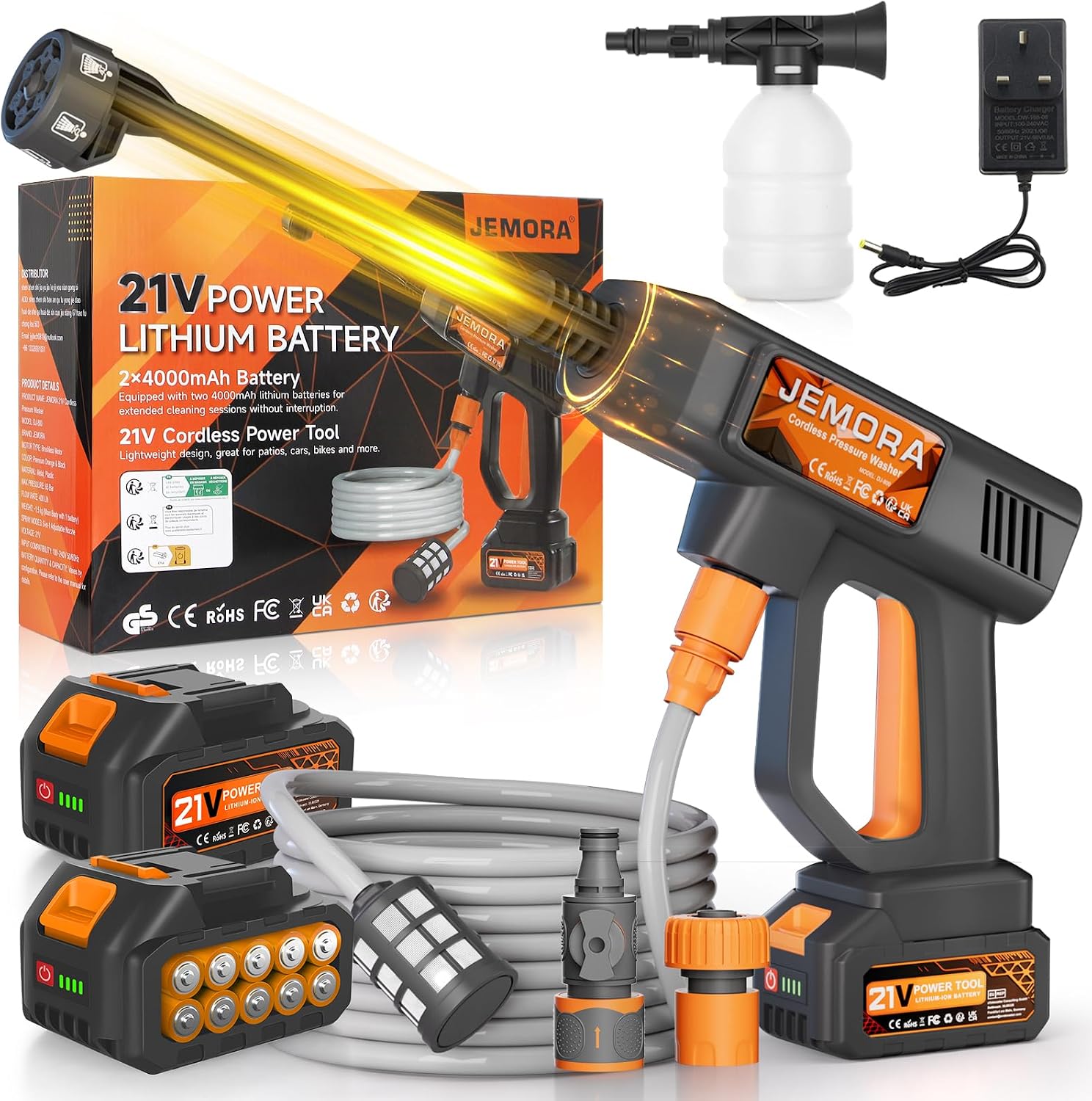 Detalle de JEMORA Cordless Pressure Washer (6-in-1) with 2 Batteries, 5m Hose & Direct Tap Connection