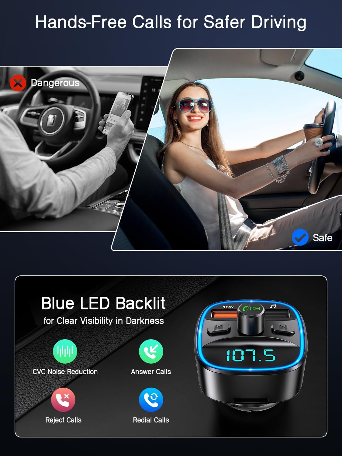 Detalle de ORIA Bluetooth FM Transmitter fürs Auto (Bluetooth 5.3, Freisprechen, Mikrofon mit CVC, SD-/USB-Wiedergabe)