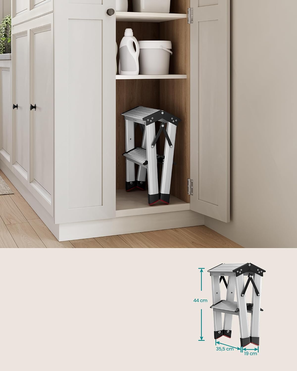 Detalle de SONGMICS UGLT012E01V1 2-Step Folding Aluminium Step Stool, 150 kg