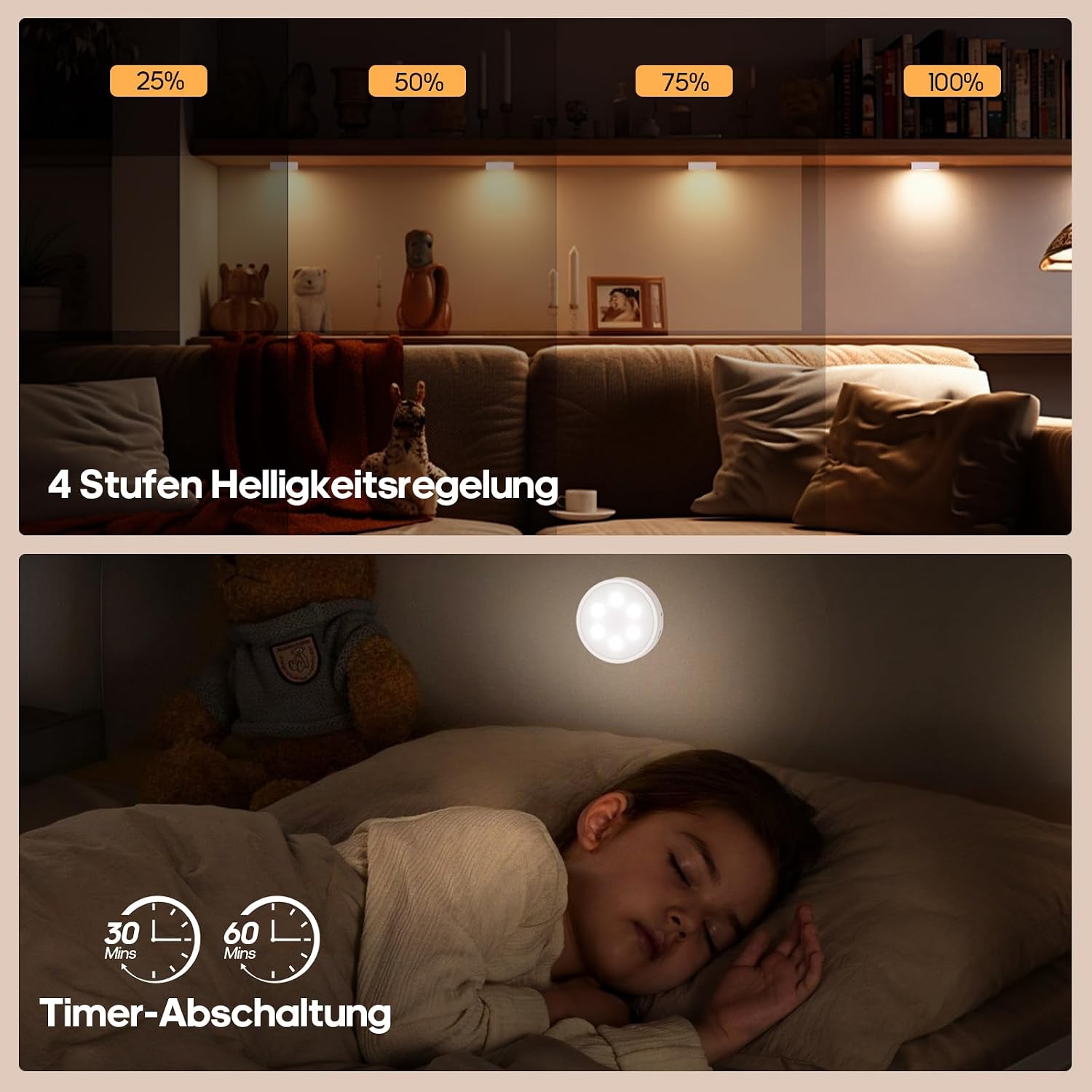 Detalle de GOODEA.fun Kabellose Vitrinenbeleuchtung – 6× Aufladbare RGBW-Puck Lights mit Fernbedienung