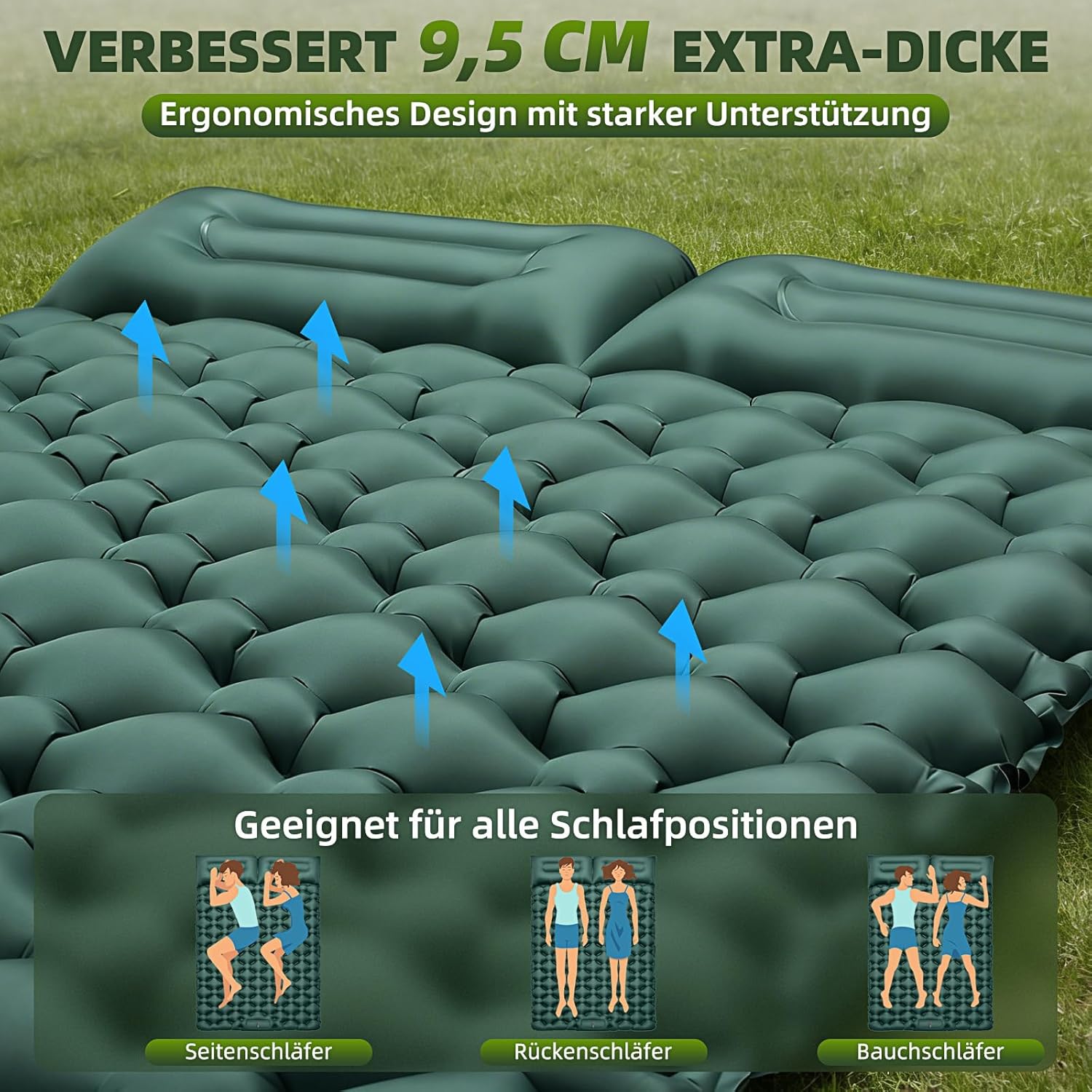 Detalle 2 de FORRINX Isomatte Camping 2 Personen – 9,5 cm Dicke, integrierte Fußpumpe, 205 × 130 cm