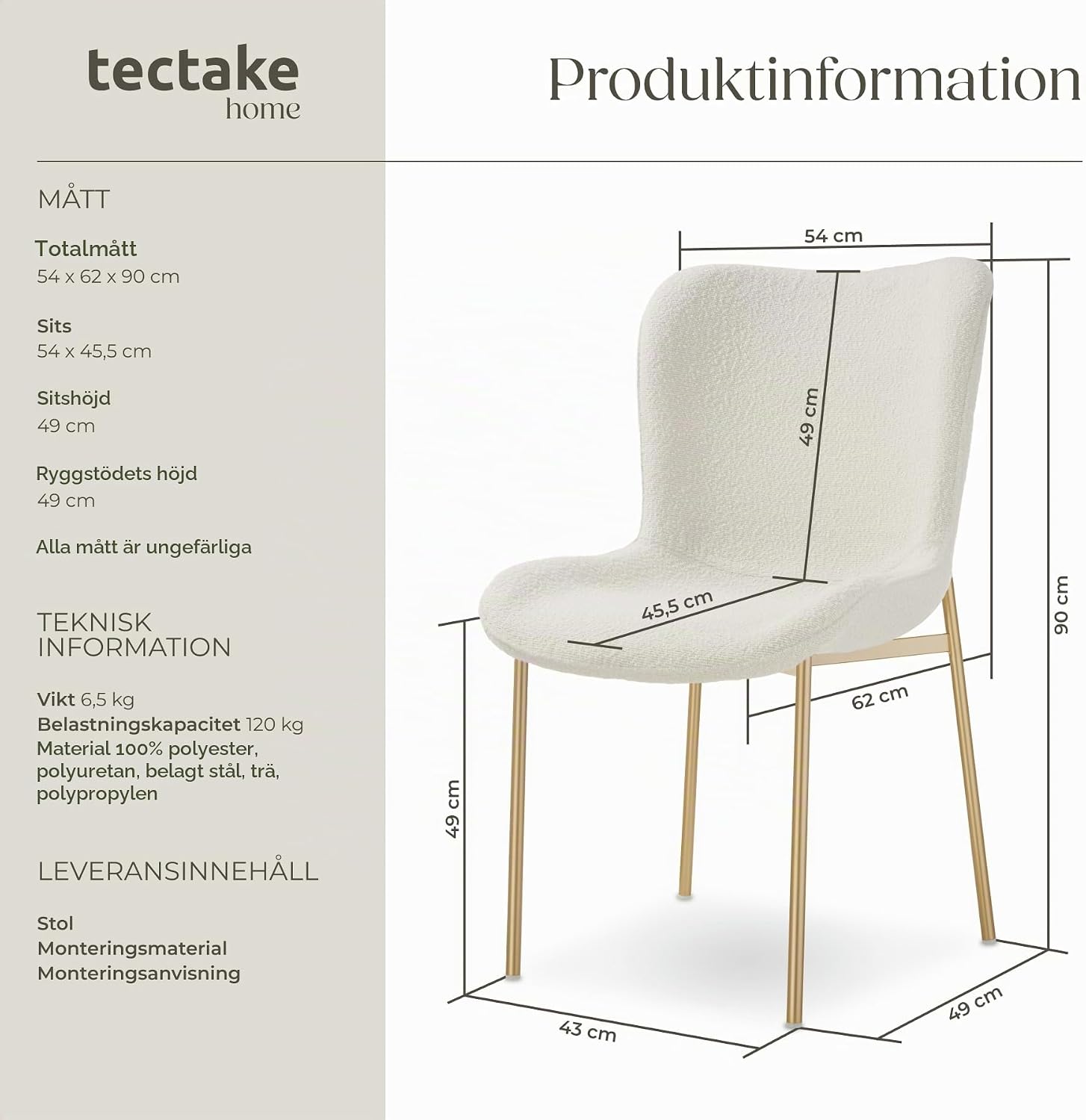 Detalle de tectake Tessa 405216 matstol i bouclé med guldfärgade stålben