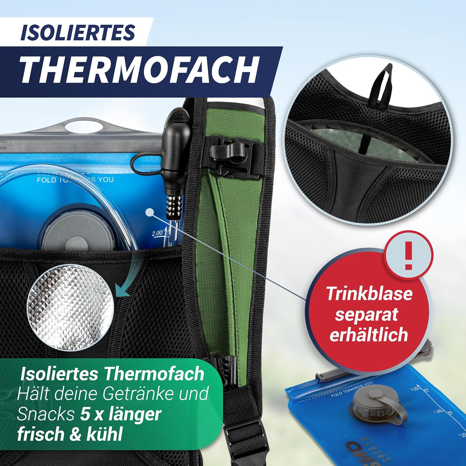 Detalle de SASMO Fahrradrucksack klein 6L (Grün) – Thermofach, Helmnetz & wasserdichtes Design
