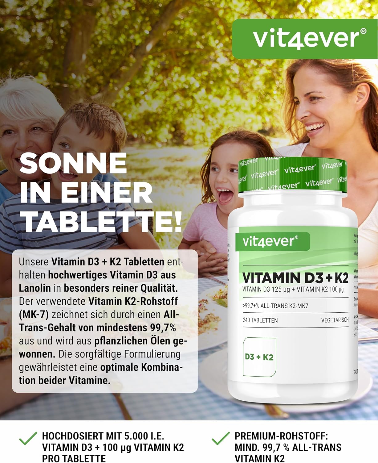 Thumbnail 1 de vit4ever Vitamin D3 + K2 Depot 240 Tabletten