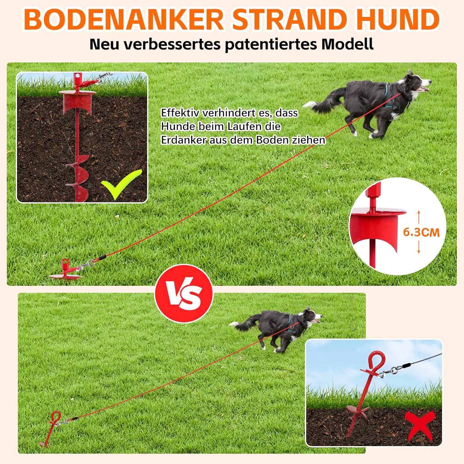 Thumbnail 1 de Bodenanker Hund mit Lock-Cap – 43 cm, rostfreier Anlegepflock mit 4 mm Stahlseil und 360° Drehhaken