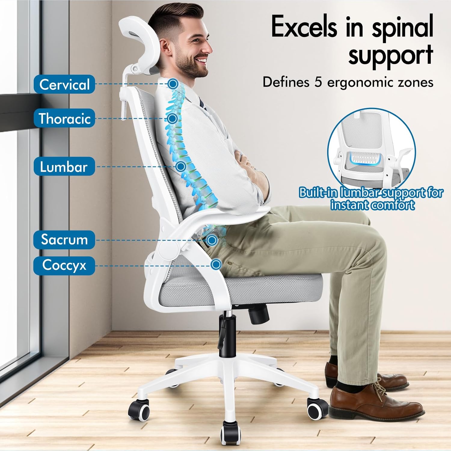 Detalle 2 de ELFORDSON Ergonomic Office Chair with Mesh Back, Headrest and Lumbar Support