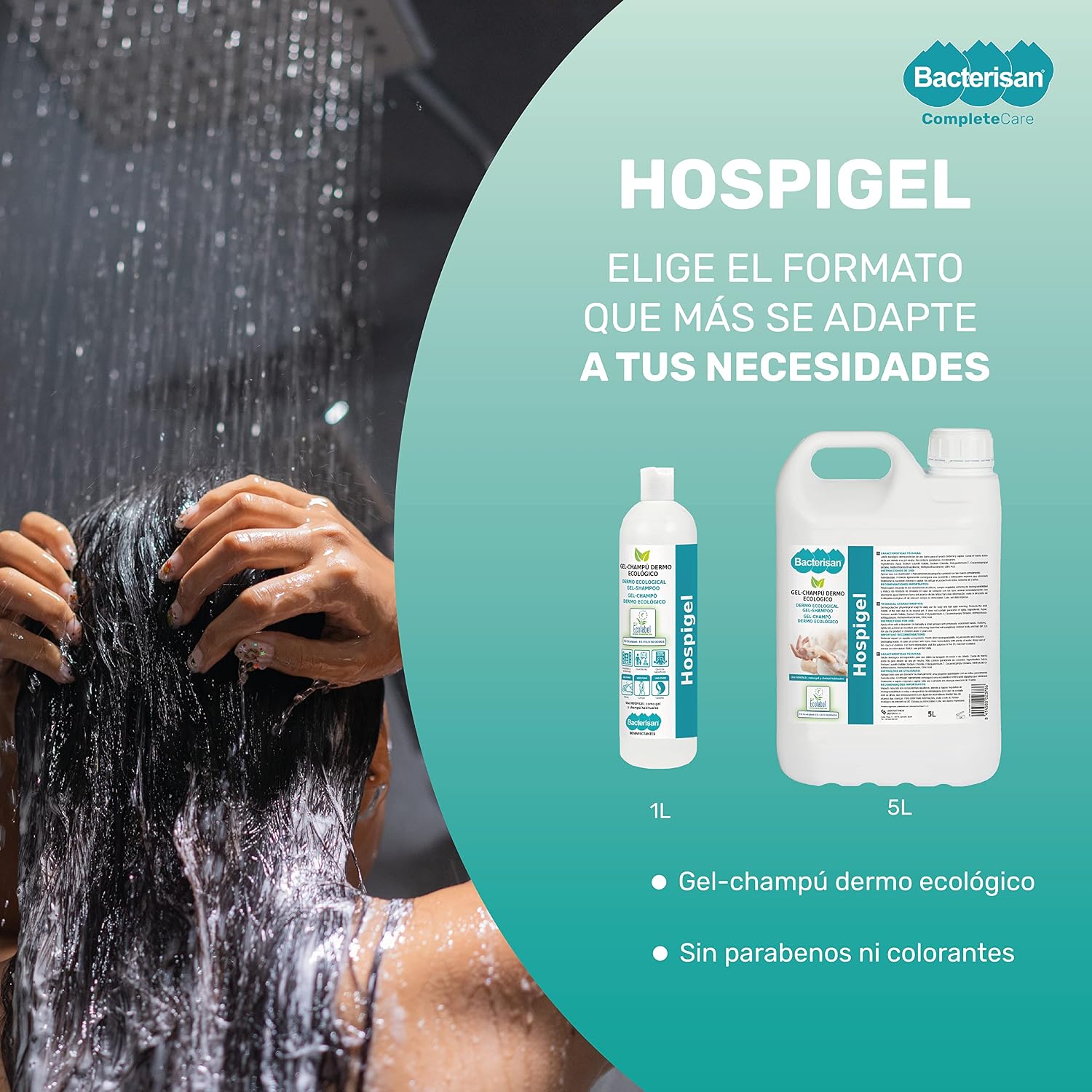 Detalle 2 de BACTERISAN Hospigel 5L: Gel shampoo dermo-ecologico, ph neutro e biologico per uso quotidiano
