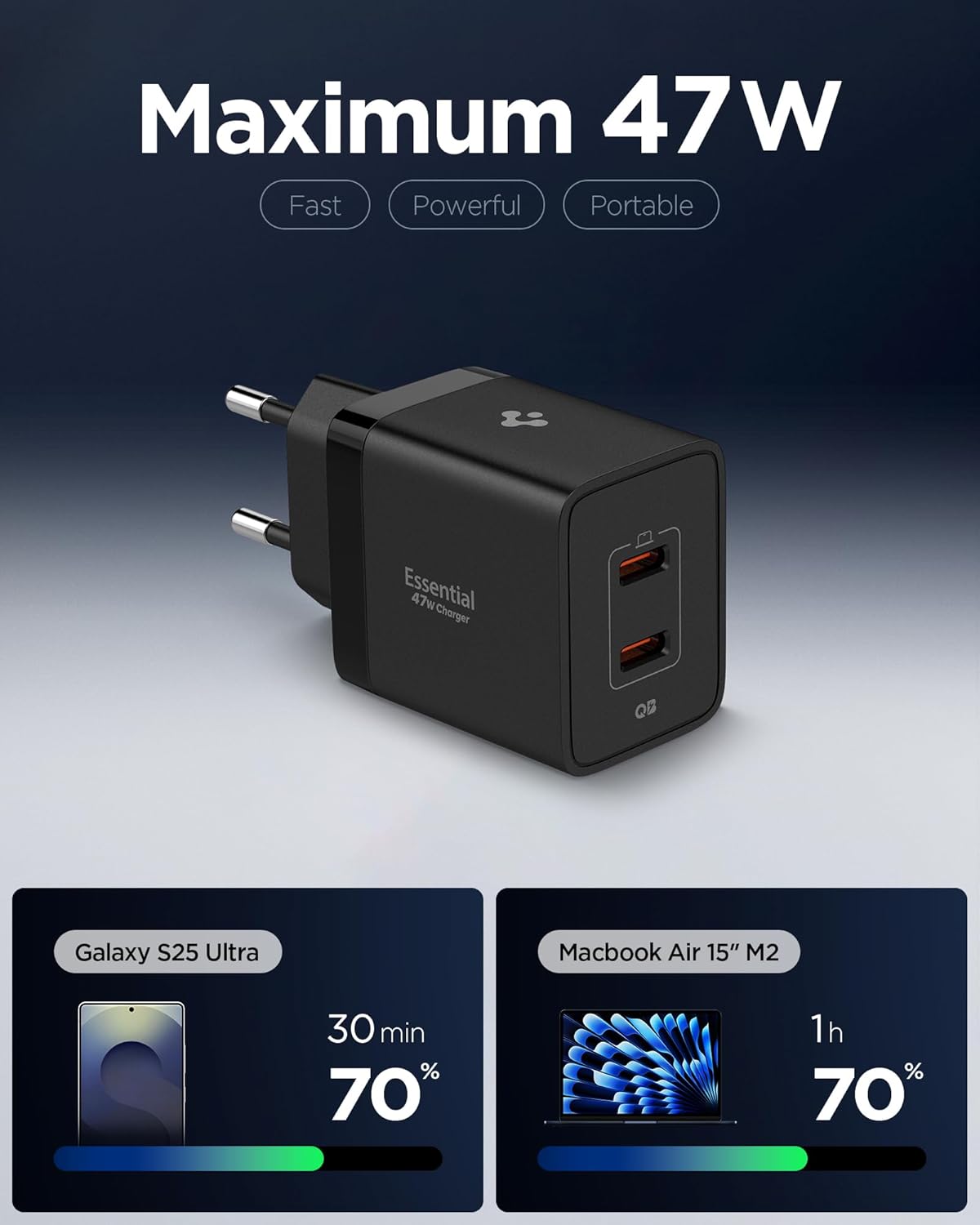 Thumbnail 1 de Spigen ArcStation Essential 47W : chargeur USB‑C compact 2 ports GaN avec PD 3.0 (noir)