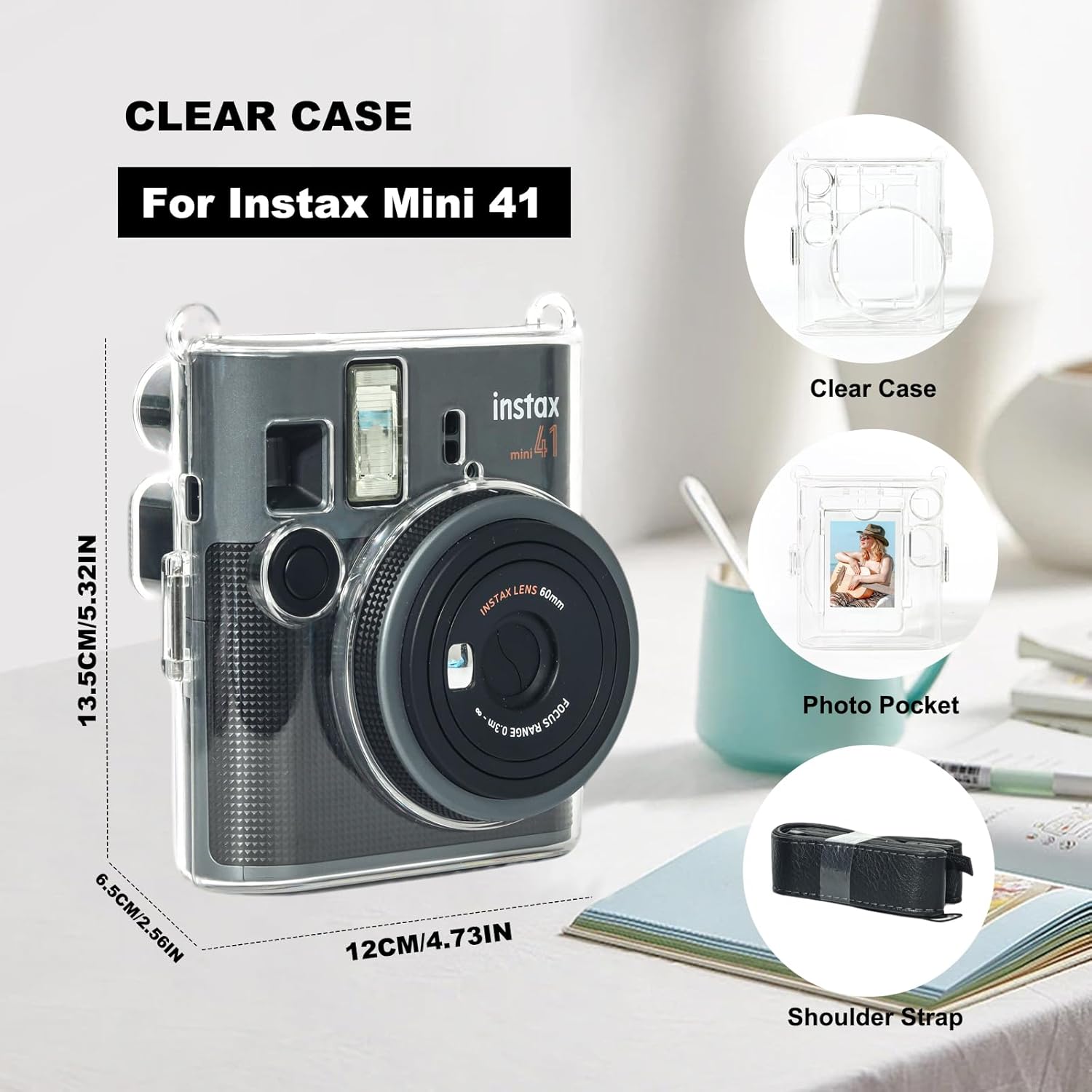 Detalle de Instant Mini 41 Case for Fuji Instax Mini 41 Camera – Clear Protective Cover with Shoulder Strap