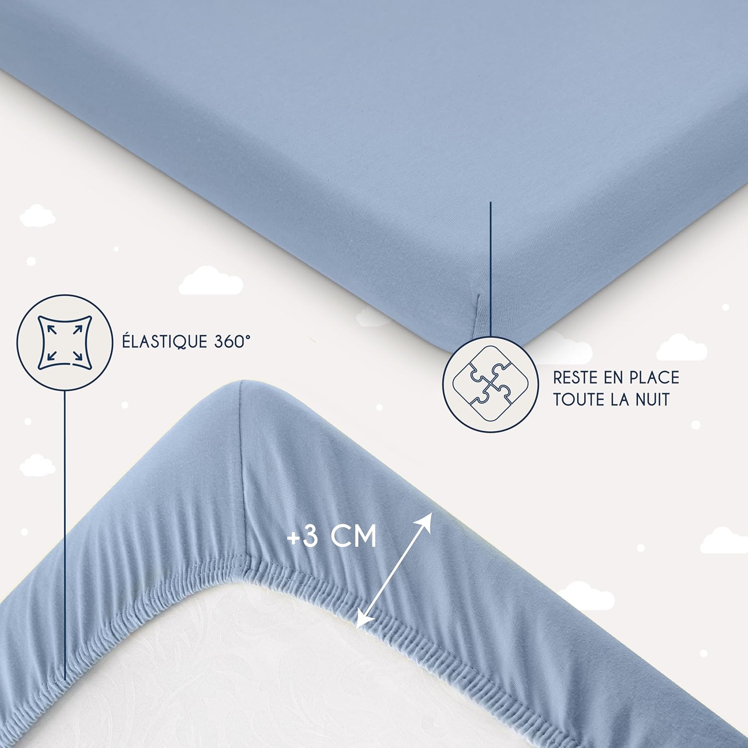 Thumbnail 3 de Dreamzie Drap Housse 60x120 cm (x2) en coton jersey 145 gsm – Oeko-Tex – Blanc et Bleu
