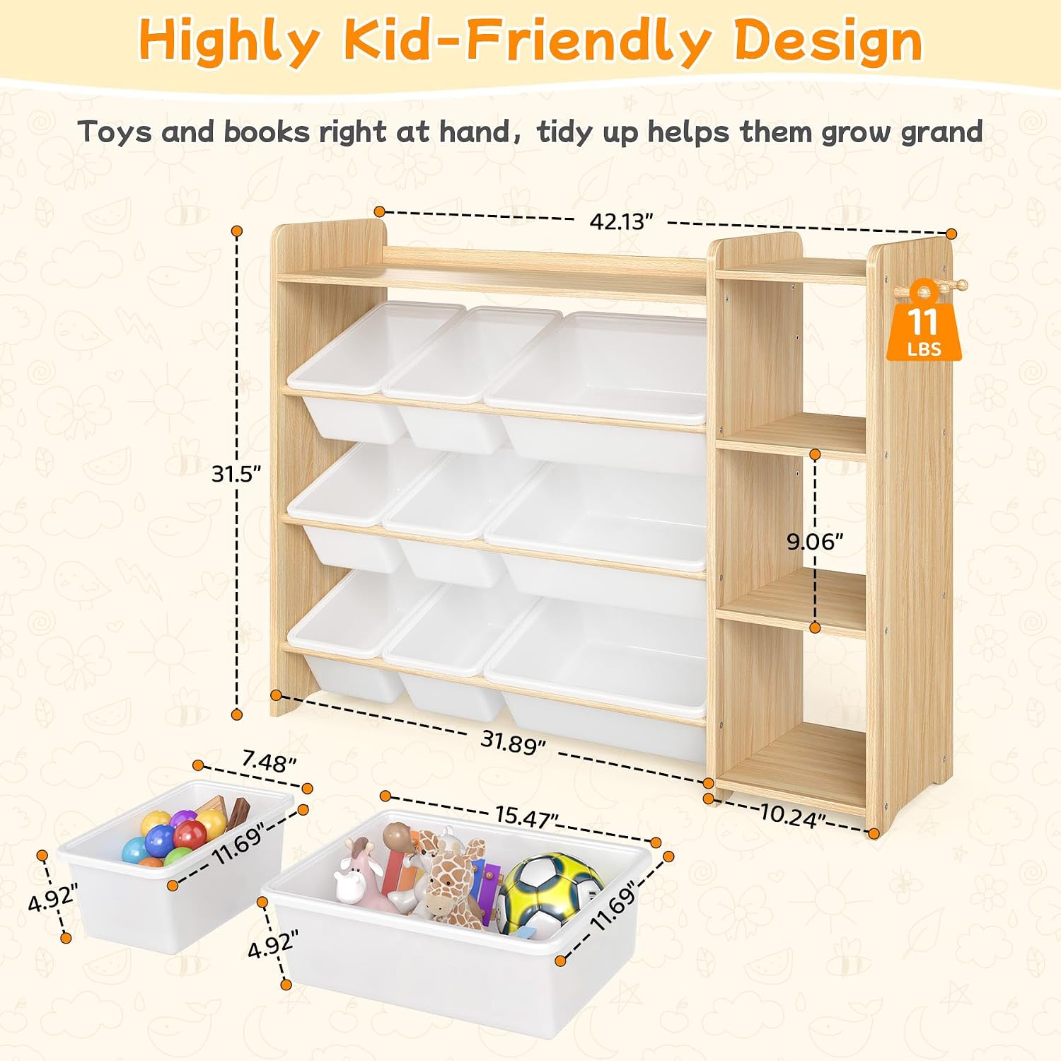 Detalle de GITAWUSA Kids Toy Storage Organizer, 3-Tier Shelf with 9 Bins, White and Natural Wood