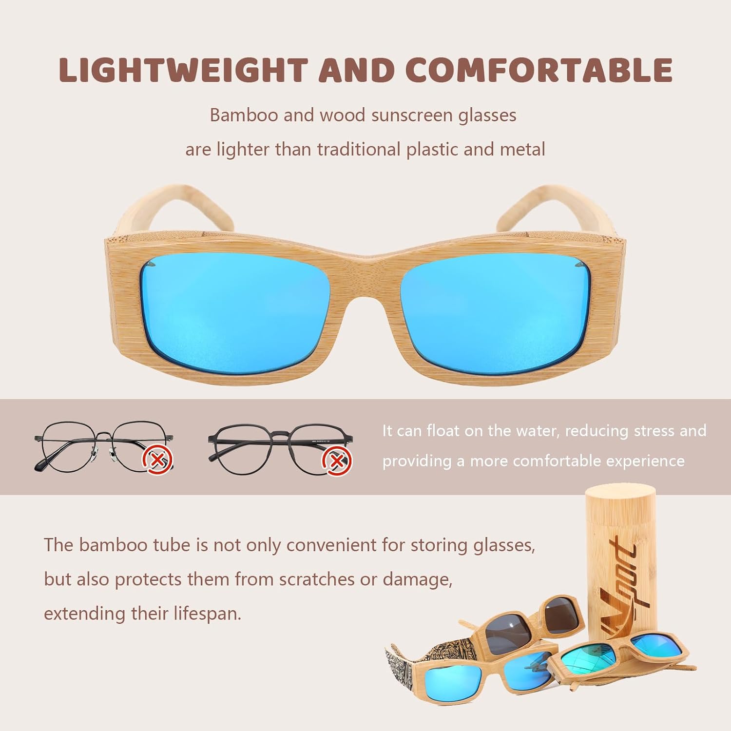 Detalle 2 de Ynport Crefreak Herren Bambus-Holz Sonnenbrille – Vintage-Stil, UV-Schutz, handgefertigt