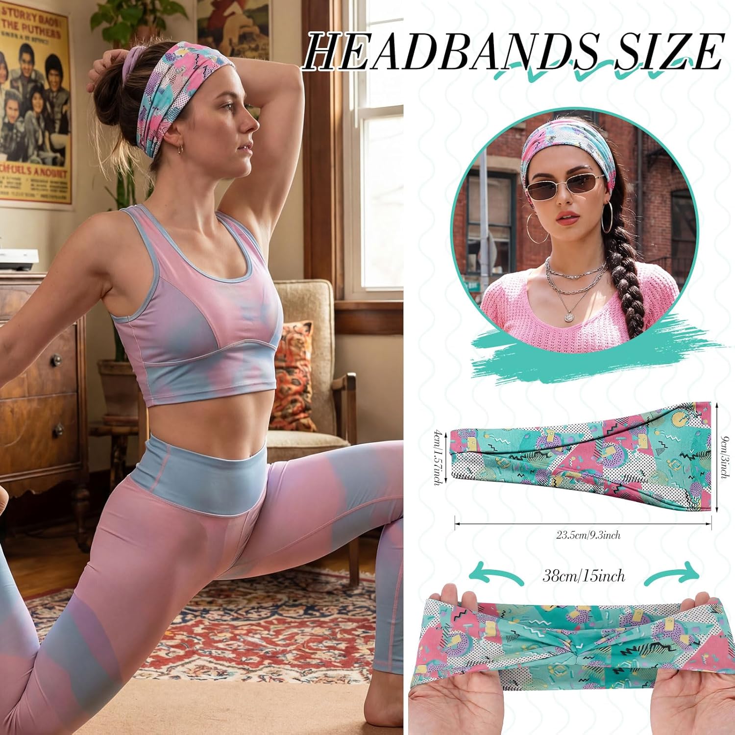 Detalle de obeoby 8 Pack Neon 80s Print Headbands for Rave Outfits — Retro Style for Women