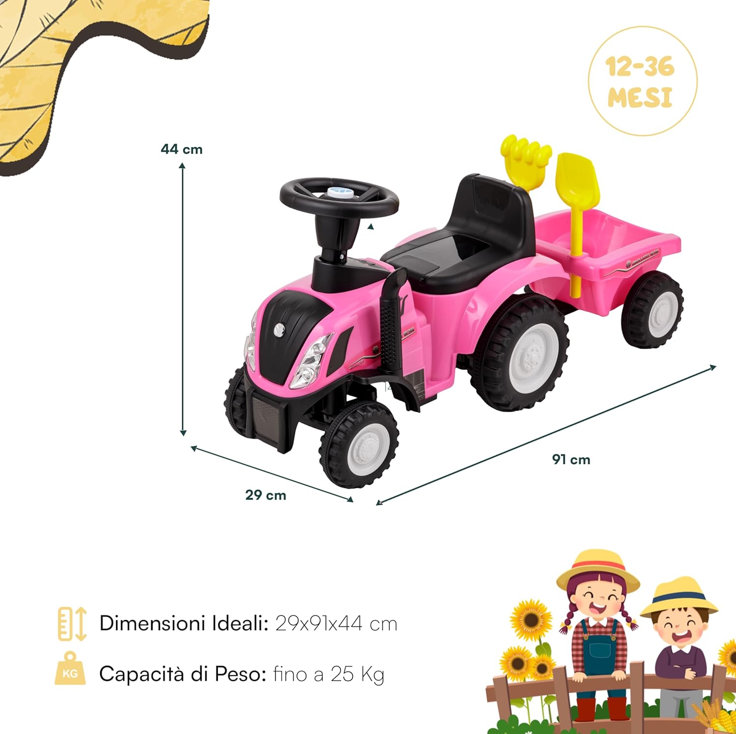 Thumbnail 1 de Baroni Toys Tracteur Ride-On avec remorque pour enfants (12–36 mois), tracteur rose