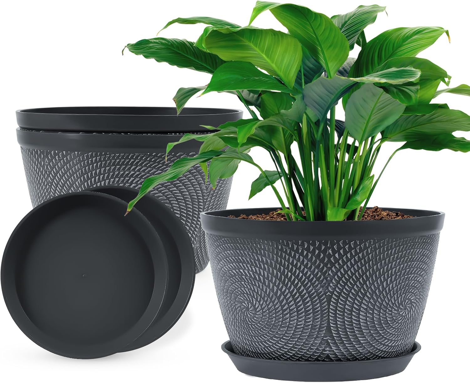 Detalle de Quarut 10-Inch Plastic Planters, 3-Pack with Drainage Holes and Saucers, Gray