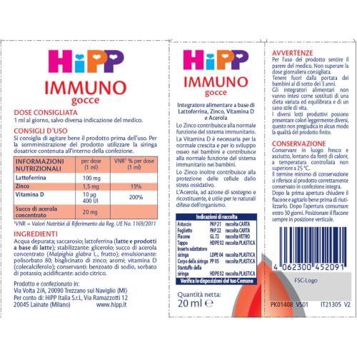 Detalle de HiPP Immuno Gocce, integratore alimentare per bambini con lattoferrina e zinco, 20 ml