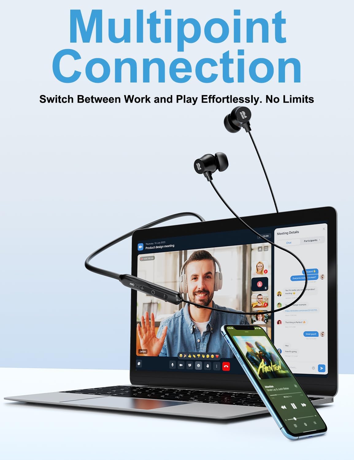 Thumbnail 6 de Rythflo Active Noise Cancelling Wireless In-Ear Neckband Headphones (WH04) with 3 AI Mics, 60H Playtime, BT 5.3, Dual 13mm Drivers