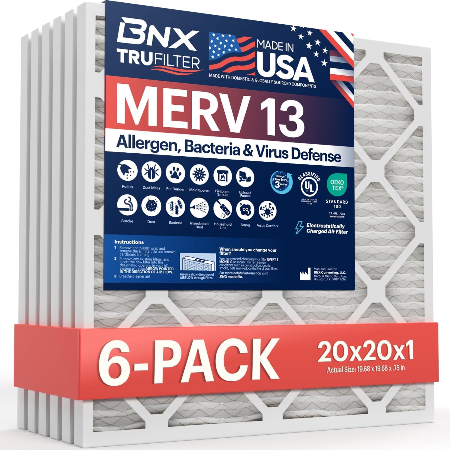 BNX MERV 13 Air Filter, 20x20x1 in, 6 pcs 🌬
