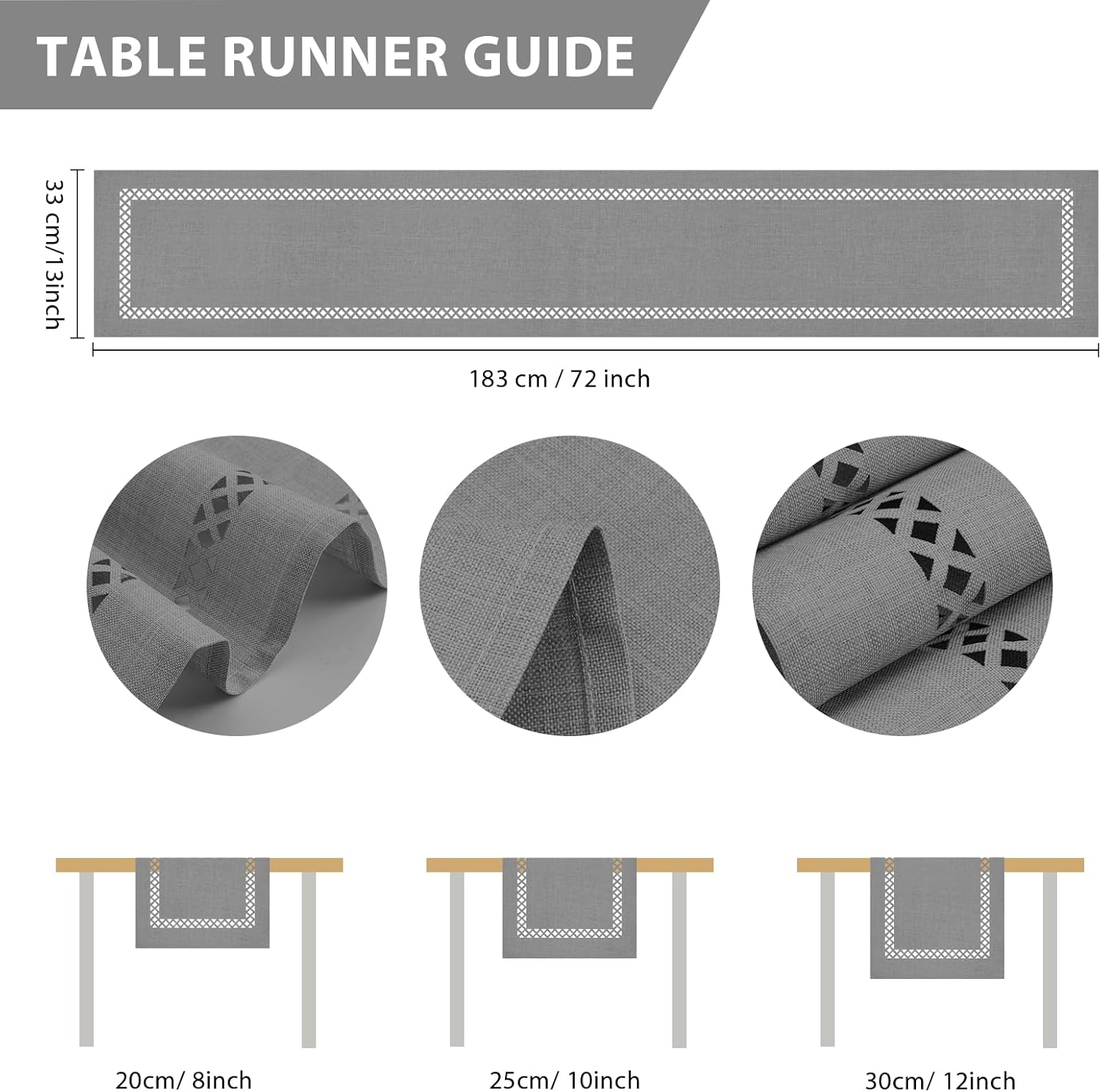 Detalle 2 de BAZIOE modern grey linen table runner with openwork pattern