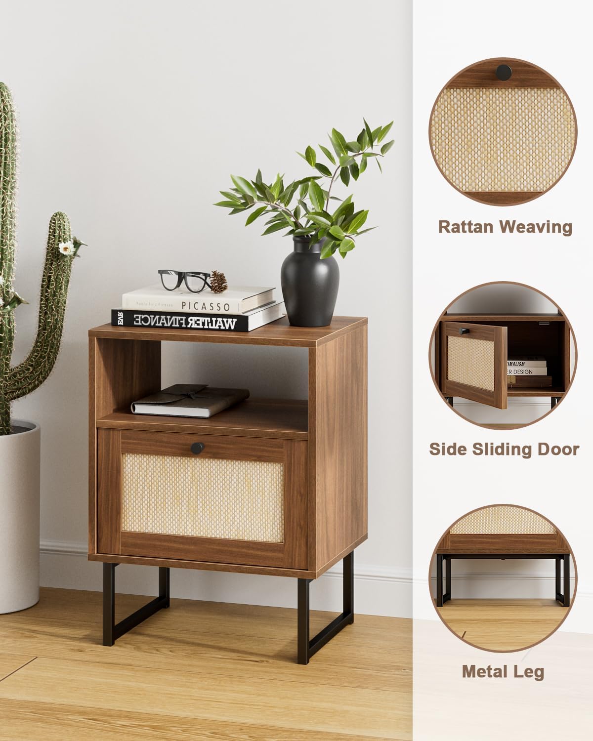 Detalle 2 de Masupu Rattan Night Stand, Walnut Brown Bedside Table with Drawer and Shelf