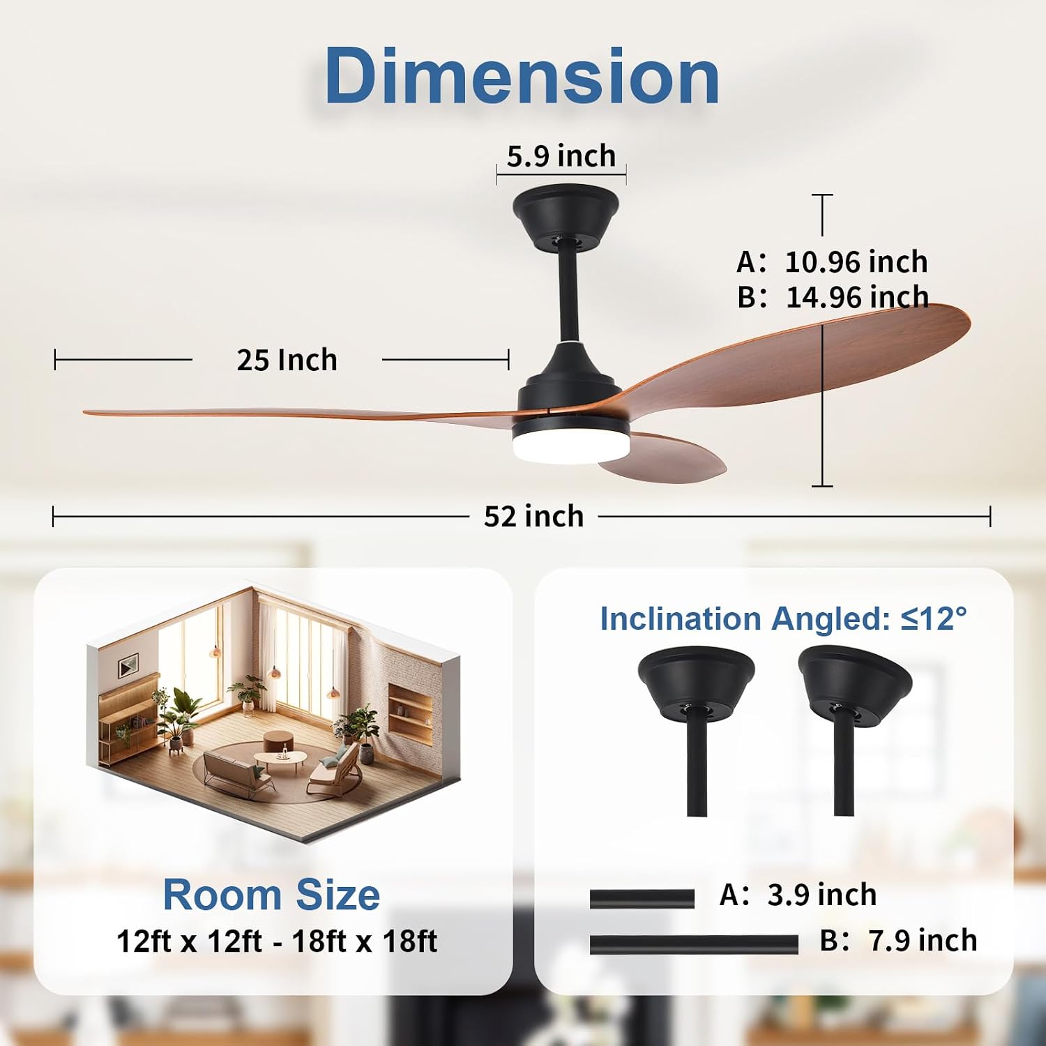 Detalle 2 de AIROPLUX 52IN-3BLD-WT Ceiling Fan with Light, Walnut, 3 ABS Blades
