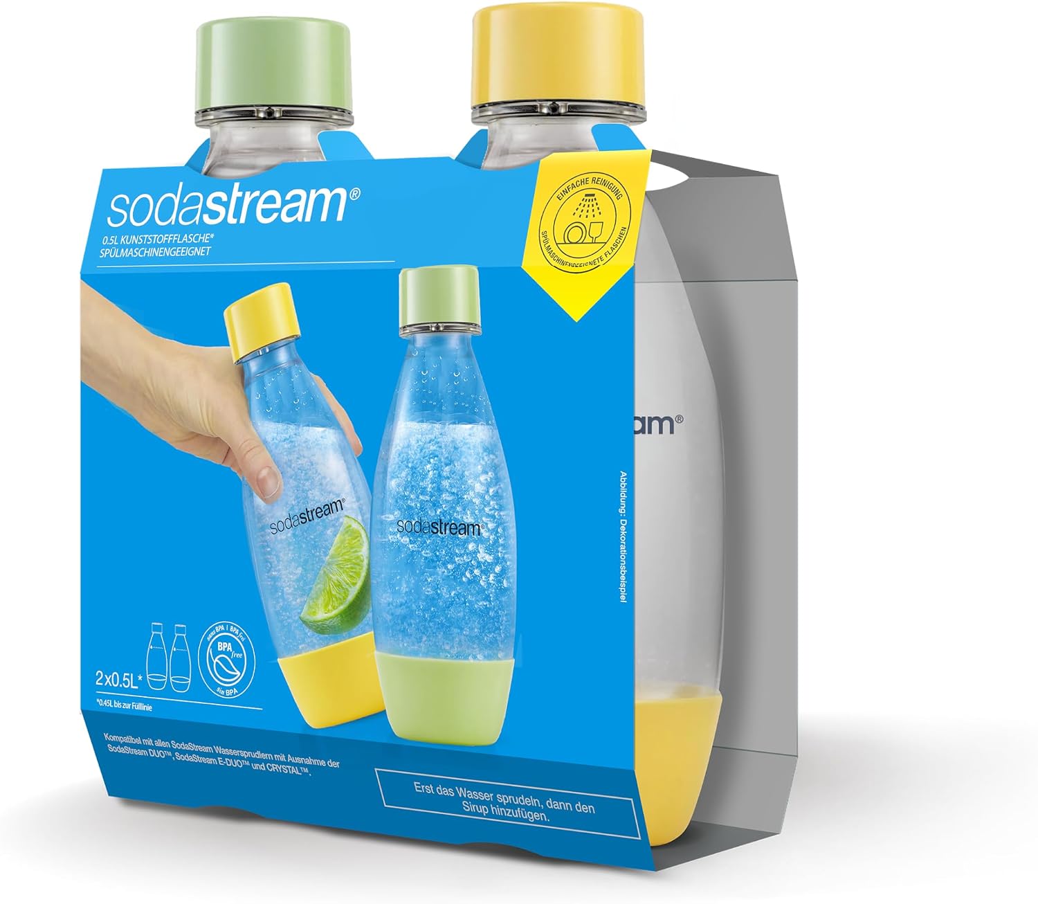 Detalle 2 de Sodastream Fuse – Set di 2 bottiglie da 0,5 L, lavabili in lavastoviglie, Tritan resistente, disponibili in verde mentolato e giallo