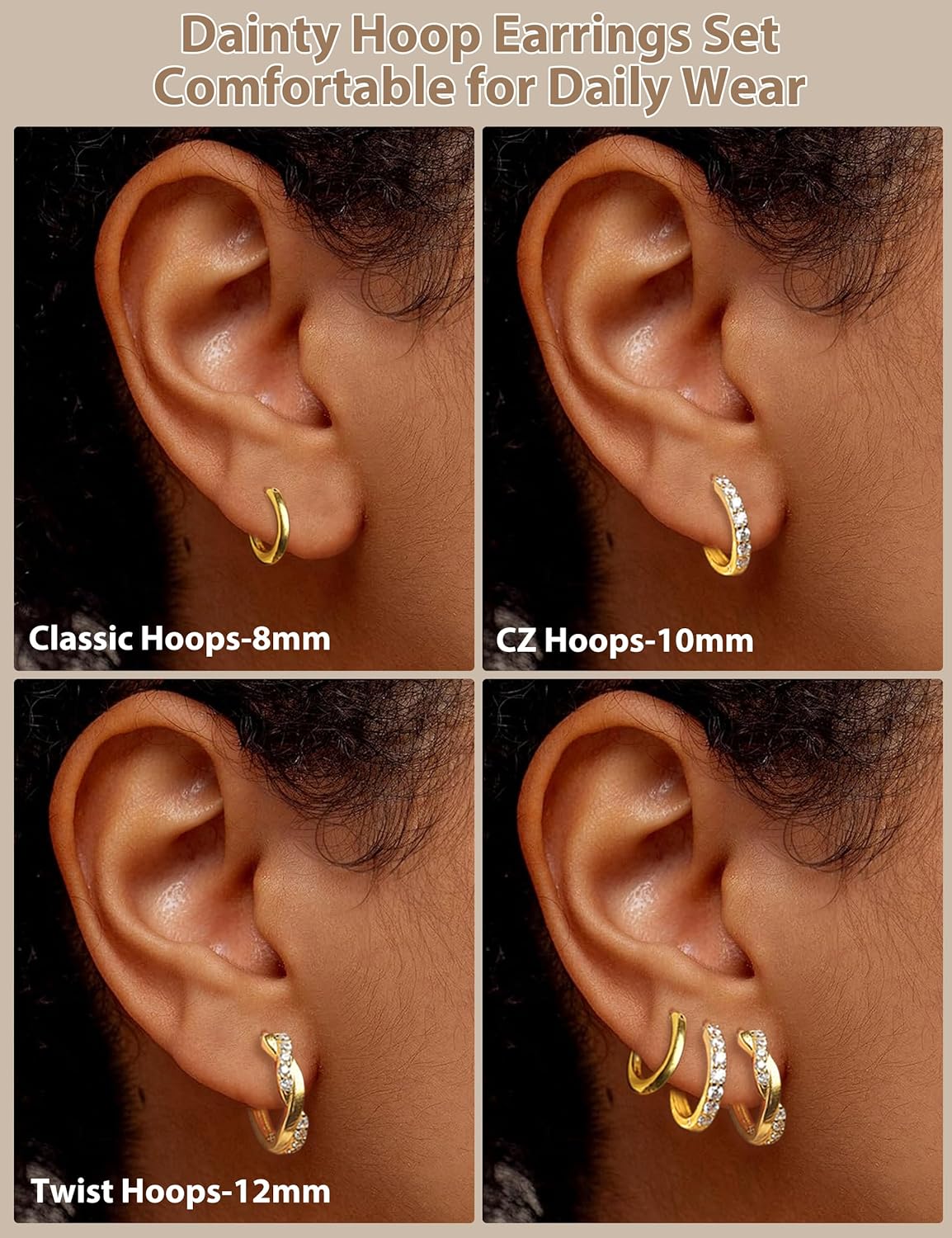 Thumbnail 5 de MACACHII — 3 paires de créoles argent 925 plaqué or 14K, hypoallergéniques avec zircons