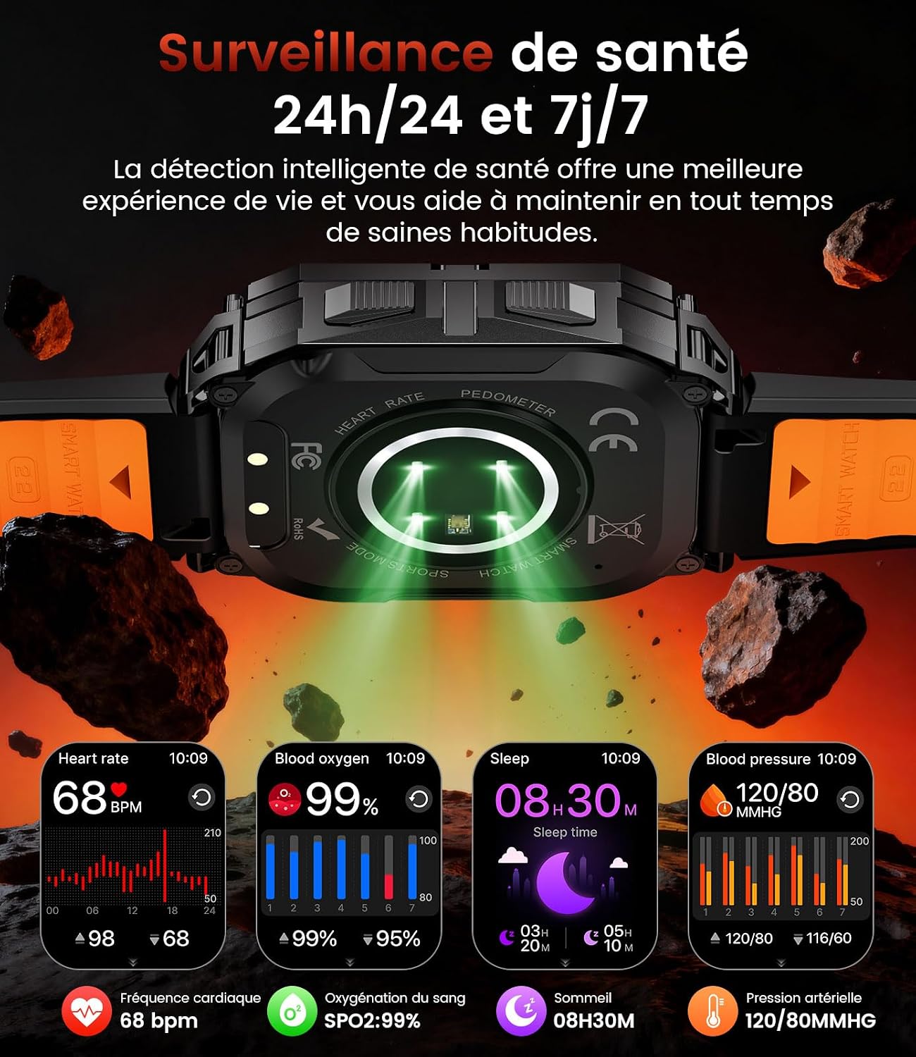 Detalle 2 de FITFLEX Montre connectée Homme HD 2,01" avec Bluetooth pour appels, fréquence cardiaque et modes sport, IP68