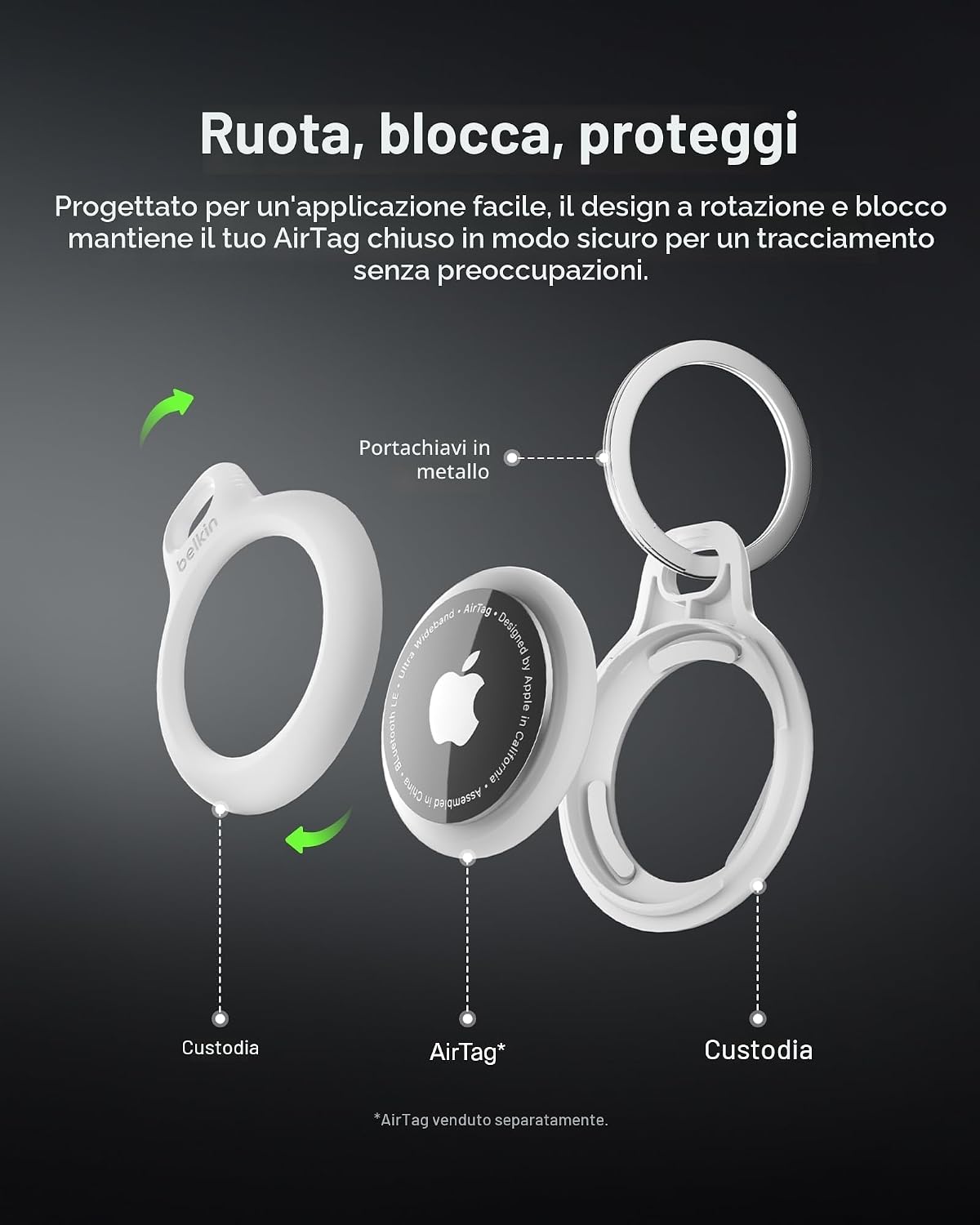 Detalle 2 de Belkin portachiavi per Apple AirTag (2 pezzi) con custodia e anello porta AirTag, nero e bianco