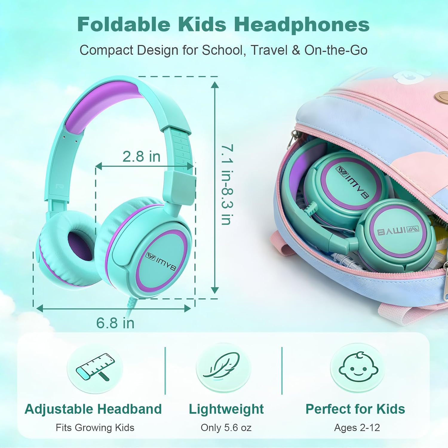 Detalle de IMYB V1 Kids Headphones – Wired, Foldable, Safe-Volume On-Ear Headphones (Green)
