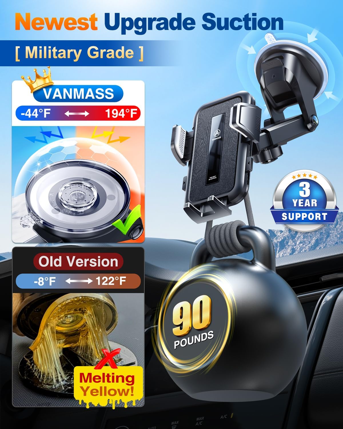 Detalle de VANMASS 2026 Car Phone Mount with 3 Mounting Options and Adjustable Arm
