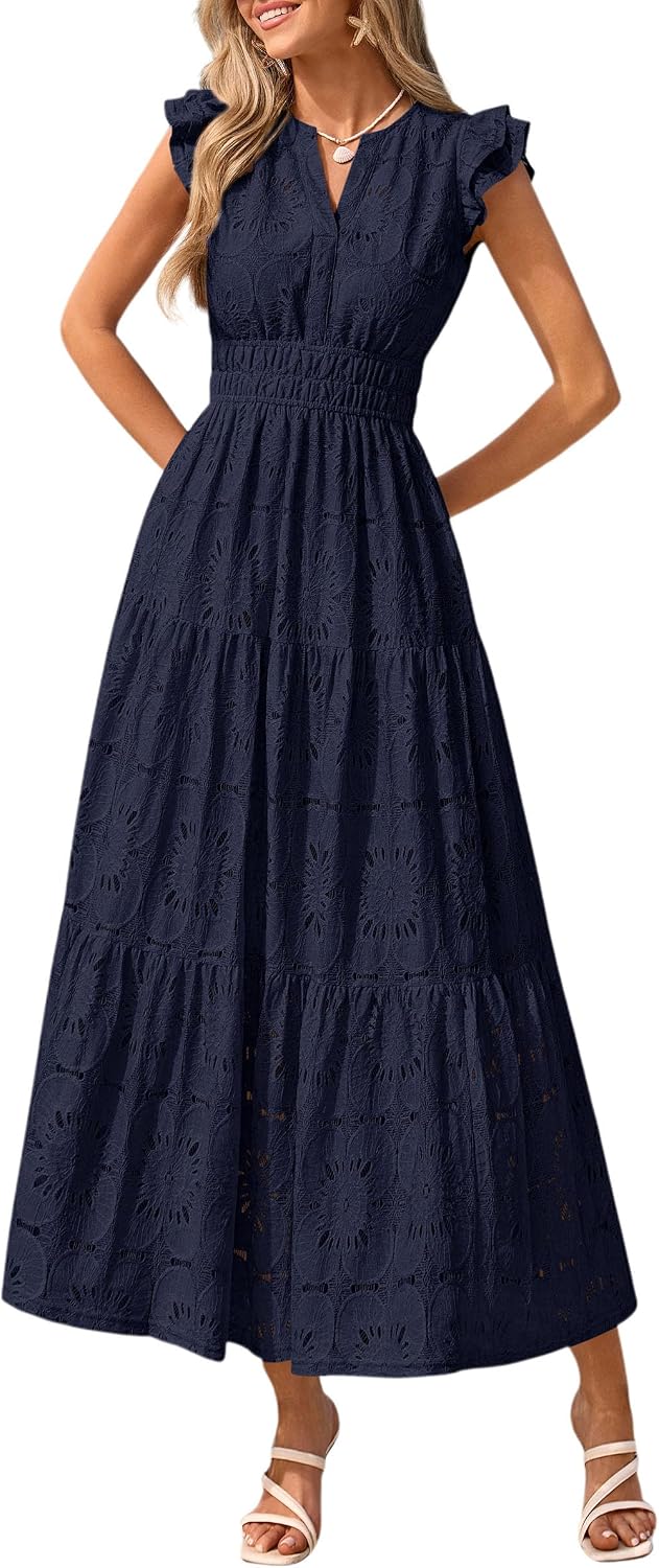 Detalle de PRETTYGARDEN Womens Boho Maxi Dress – Floral Lace Eyelet V-Neck, 2026 Summer