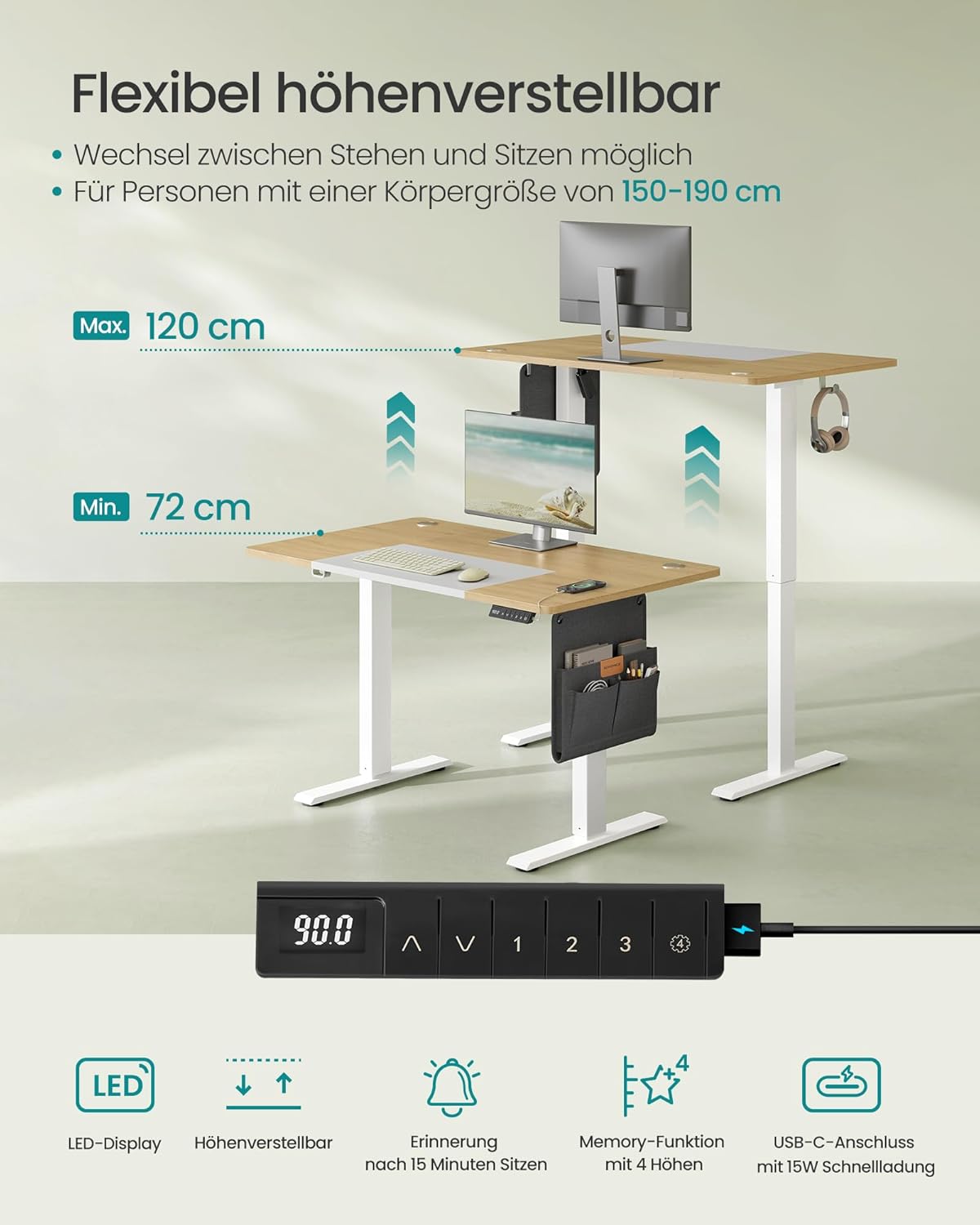 Thumbnail 4 de SONGMICS Höhenverstellbarer Schreibtisch LSD015N01 – 120 × 60 cm, elektrisch, 4 Speicherhöhen, natureichenfarben-mattweiß